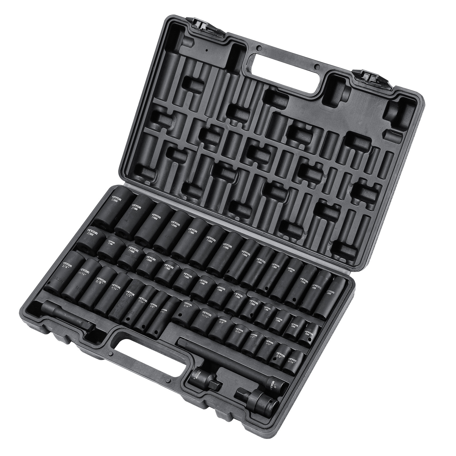 VEVOR Impact Sockets Set 48pcs 6-Point 3/8in Drive Bit Ratchet Tool Kit Case