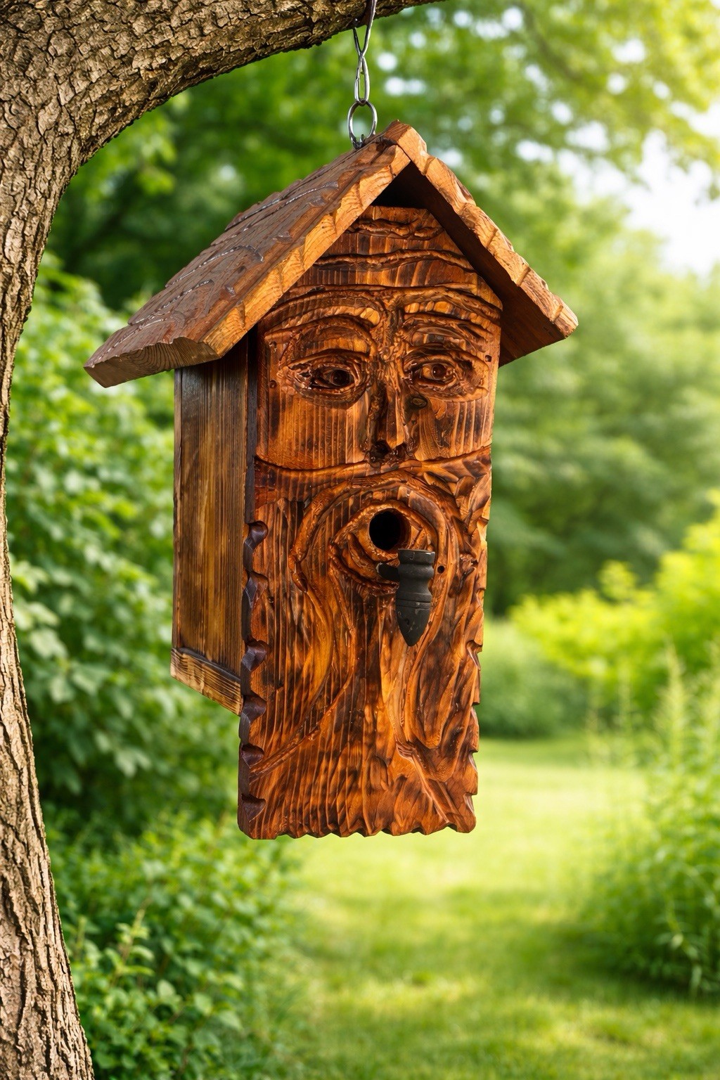 Hand Carved Wood Spirit Birdhouse Rustic Folk Art Tree Face Handmade Cedar