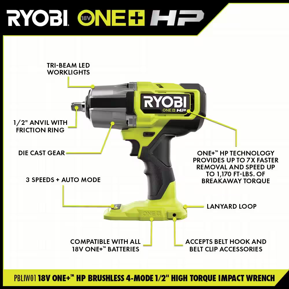 NEW RYOBI PBLIW01B ONE+ HP 18V Brushless 4-Mode 1/2" High Torque Impact Wrench