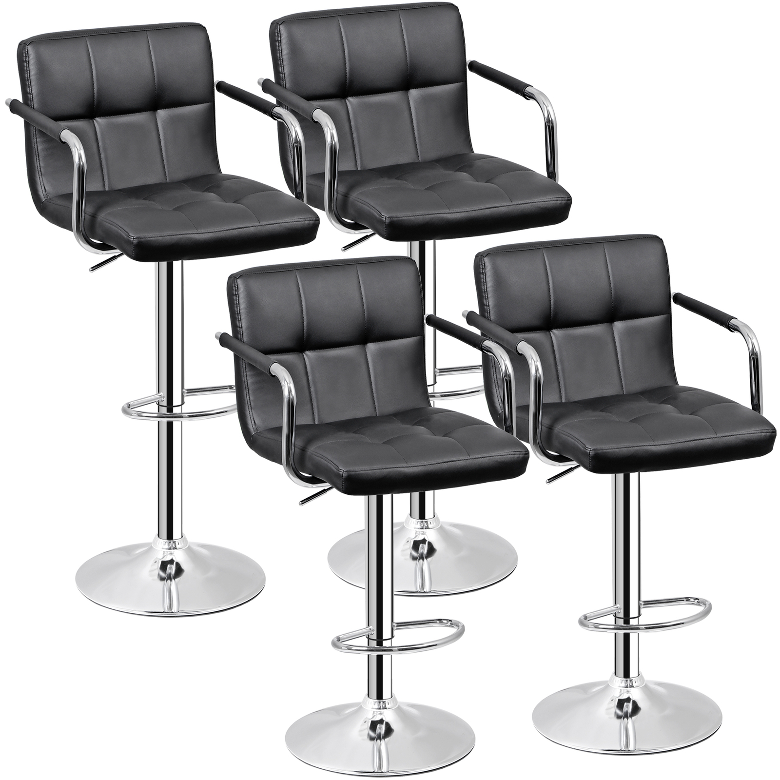 Set of 4 Bar Stools Swivel Adjustable Bar Chairs PU Leather w/Backrest & Armrest