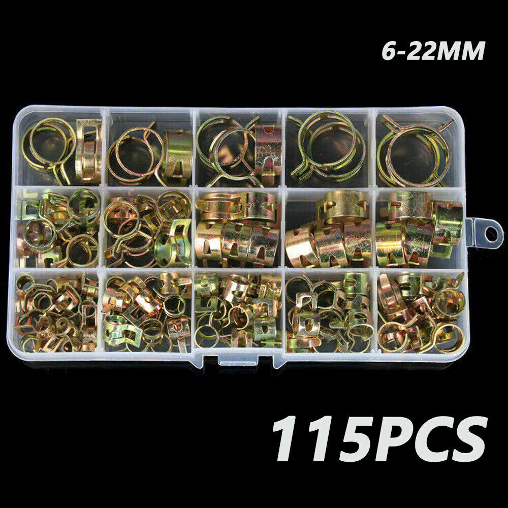 115pc Hose Spring Clamps Fastener Fuel Water Line Pipe Air Tube Clips Kit 6-22mm