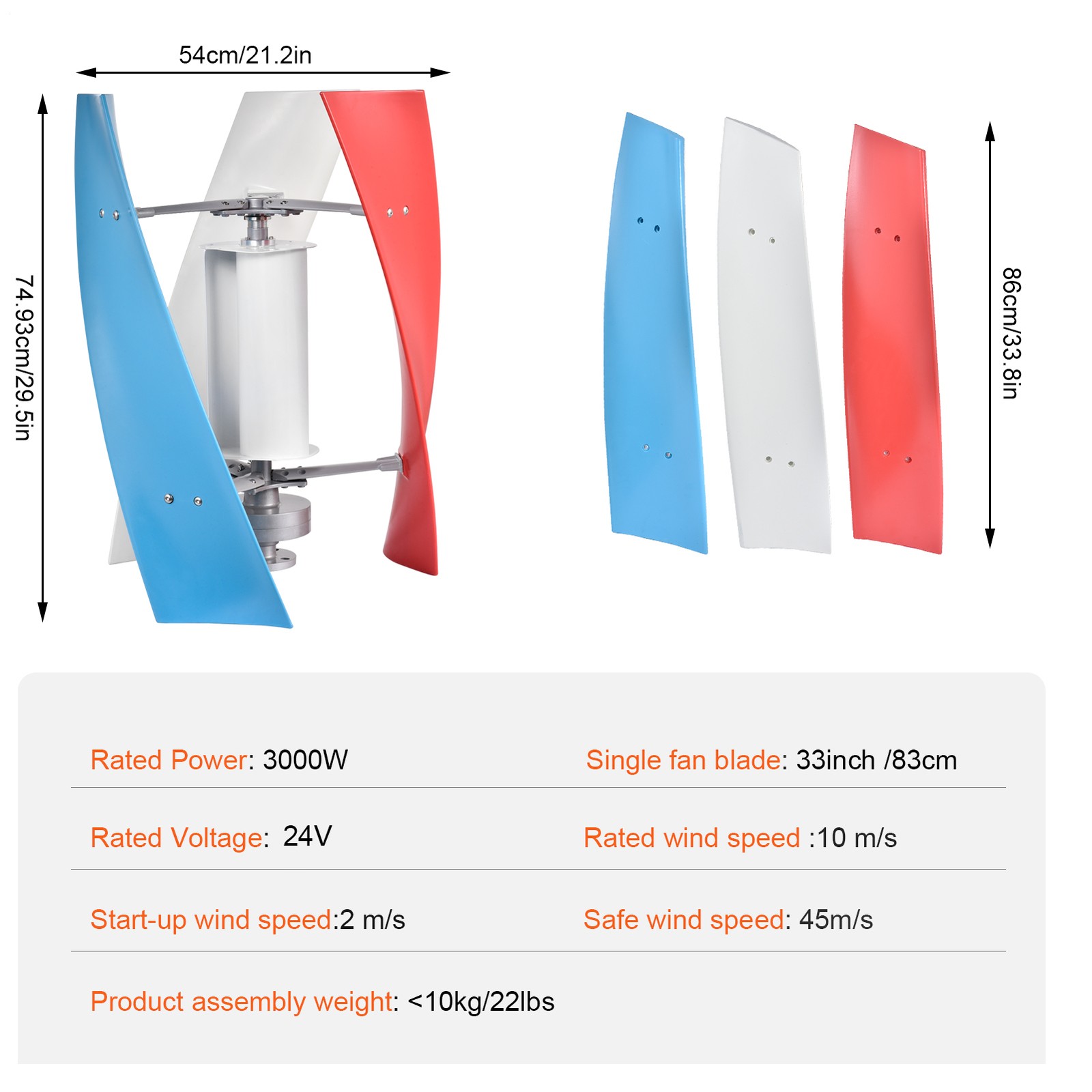 3000W Wind Turbine Generator 24V 3-Blade Wind Turbine Kit & MPPT Controller