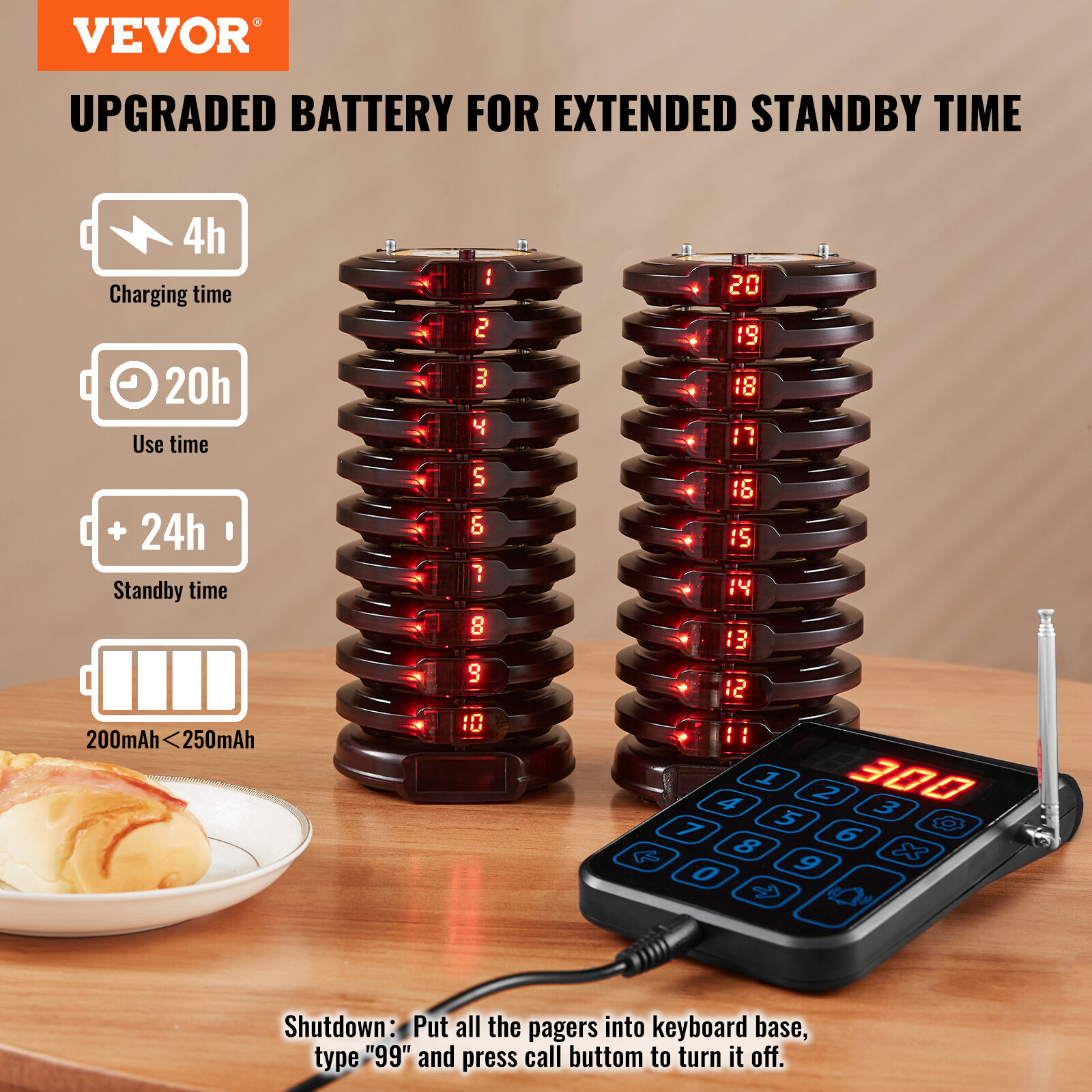 VEVOR 20+1 Pagers Restaurant Pager System Wireless Food Service 24h Standby Time