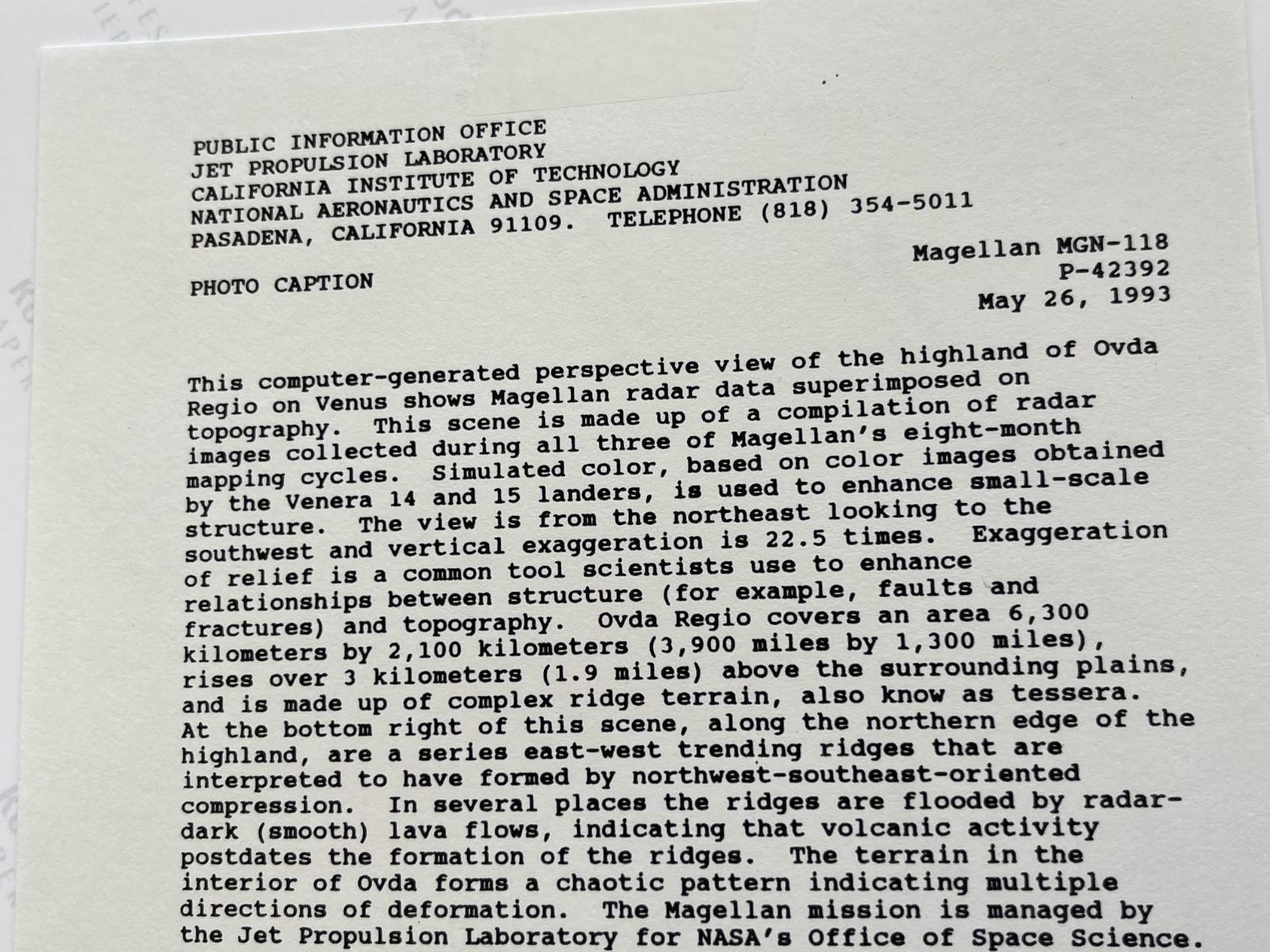 VINTAGE SPACE NASA PHOTO VENUS MAGELLAN JPL KODAK PAPER