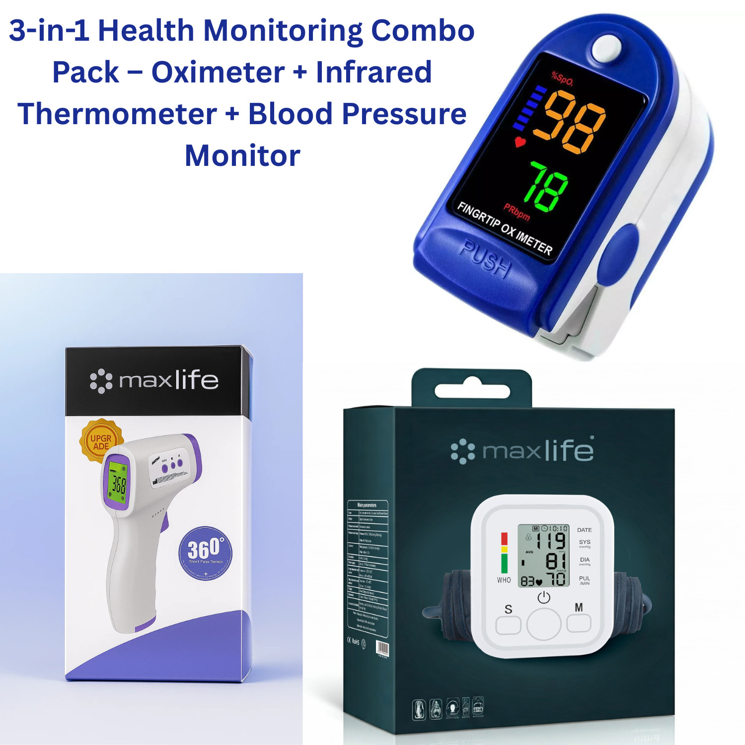3-In-1 Health Monitoring Combo Pack–Oximeter + Infrared Thermometer + BP Monitor