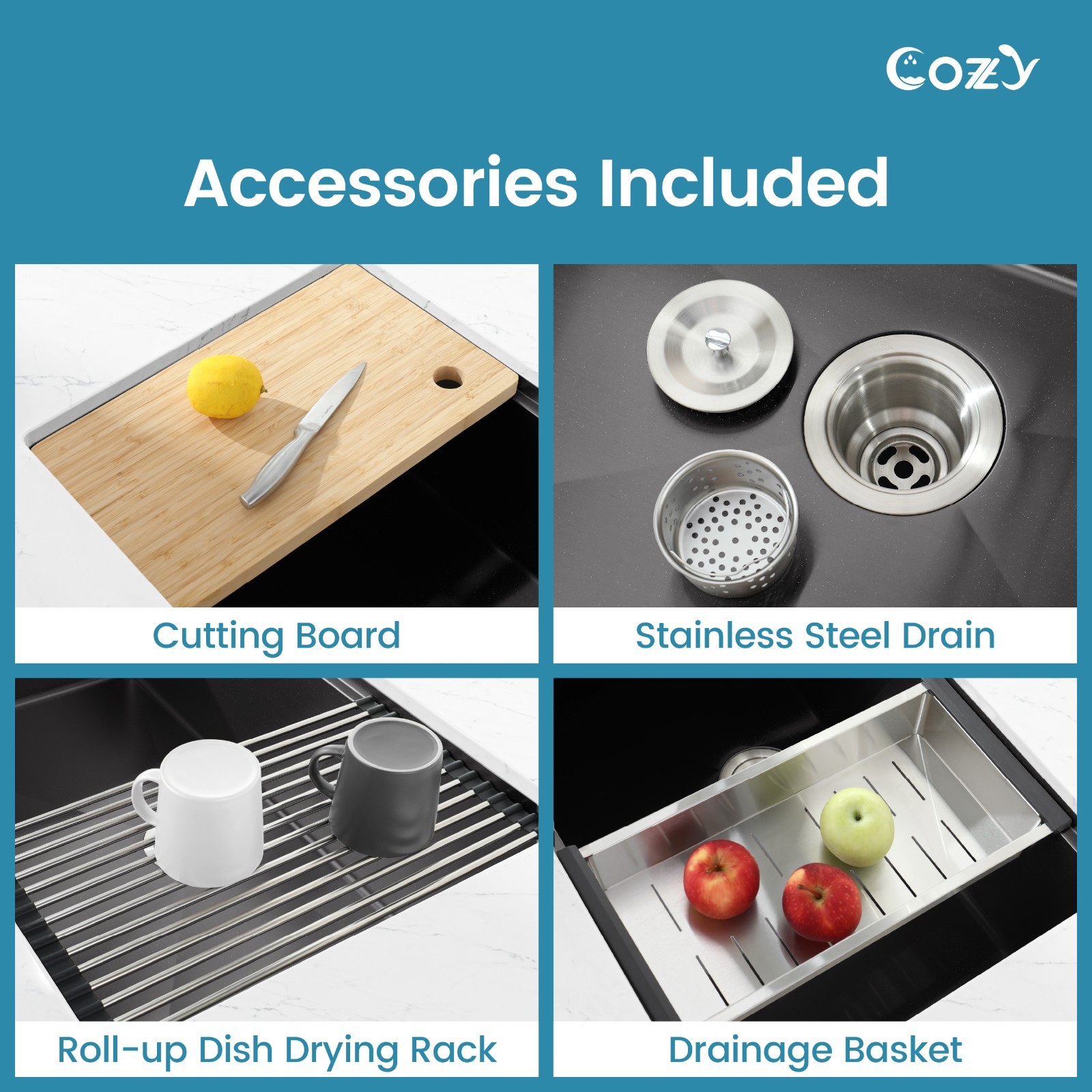 Cozy undermount stainless steel Black sink 30x19x10 inch with accessory