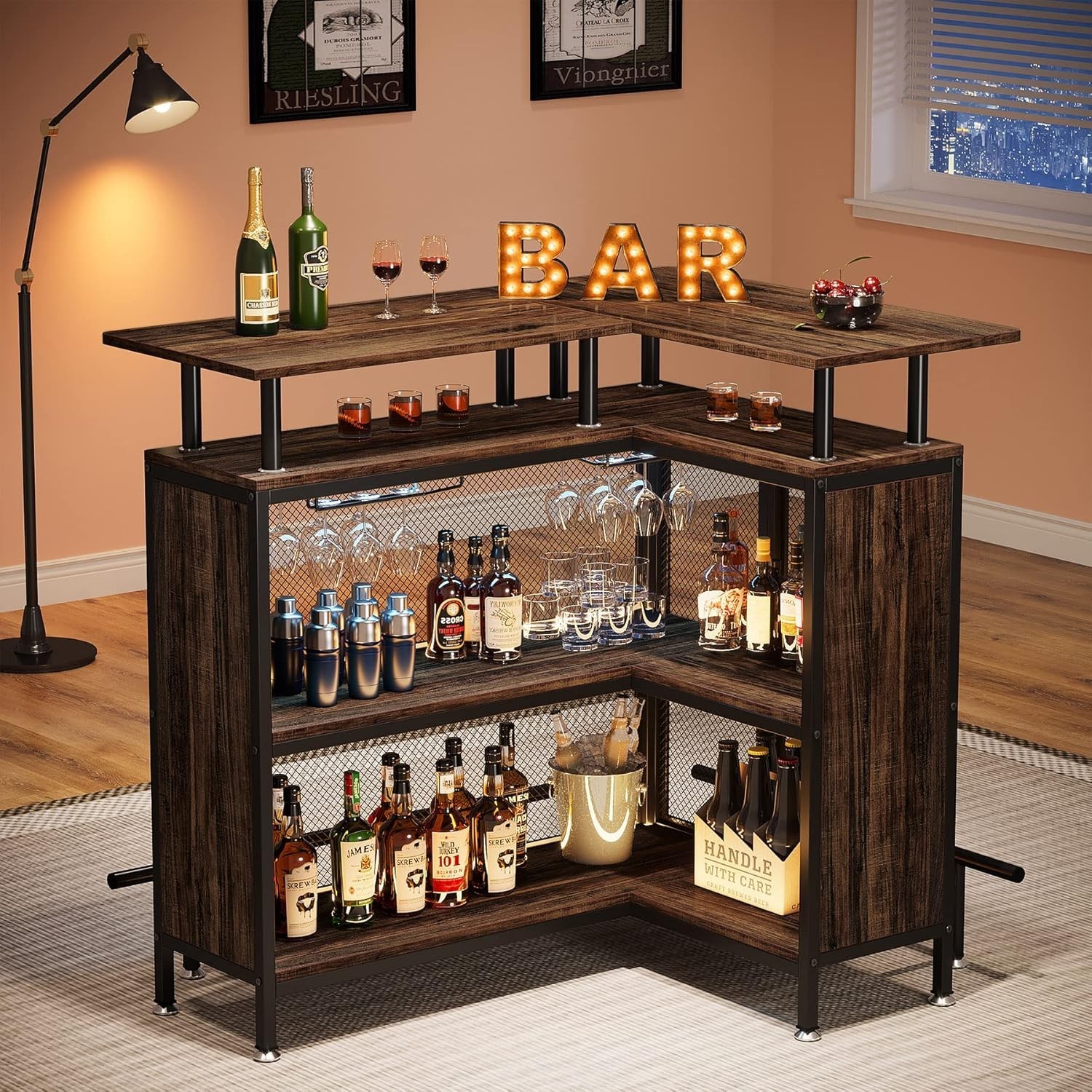 Home Bar Unit, 2-Tier L-Shaped Bar Table With Stemware Racks For Kitchen/Pub