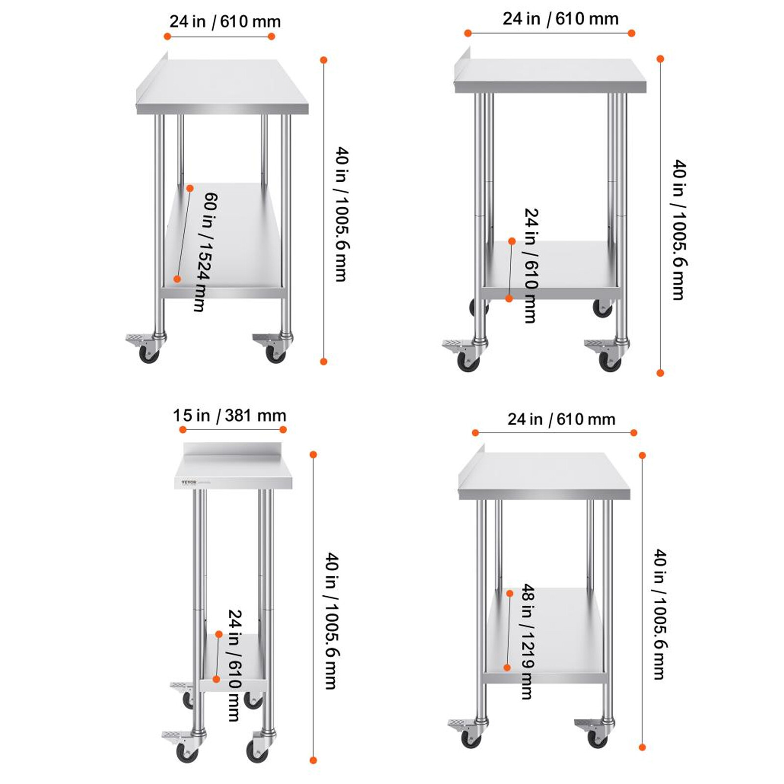 VEVOR Stainless Steel Work Table Commercial Food Prep 24x24/15/30/36/48/60 in