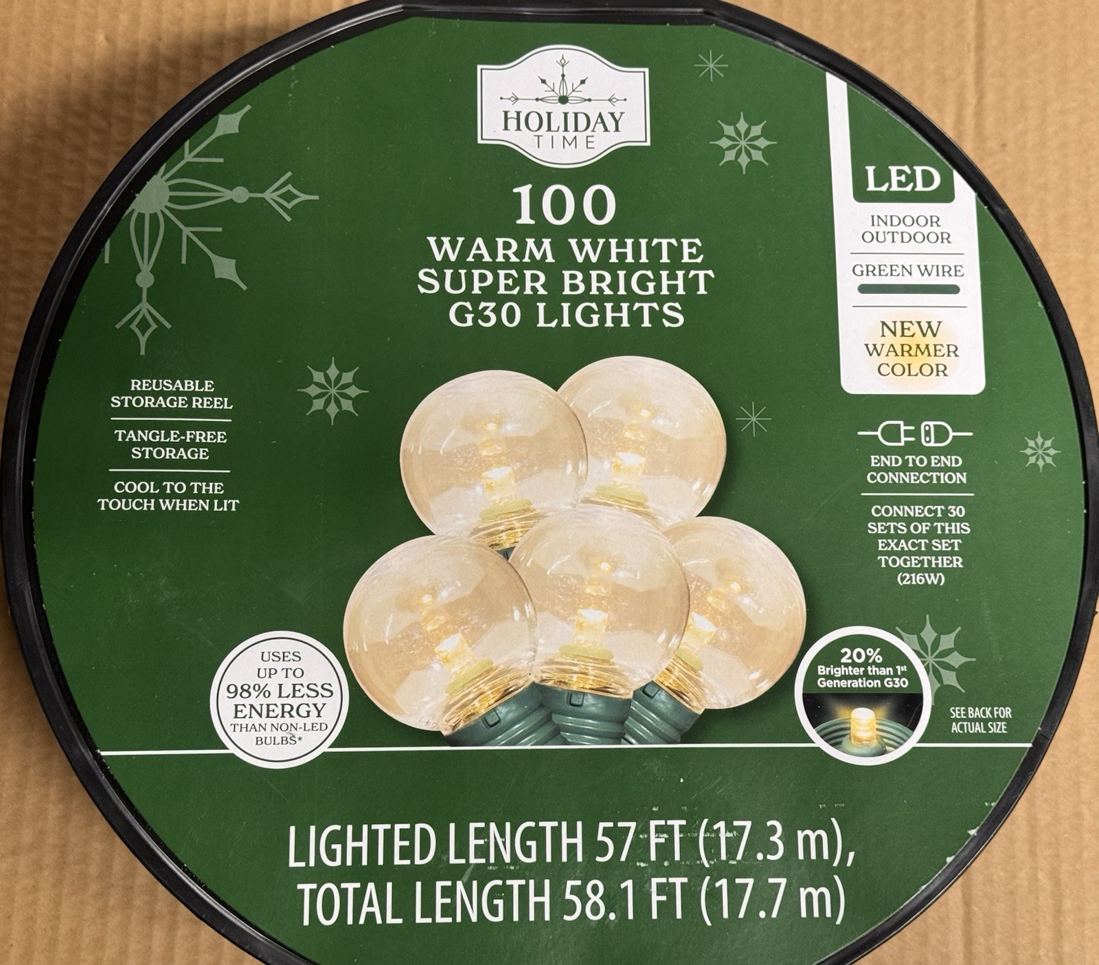 NEW 2025! HOLIDAY TIME 100 WARM WHITE LED Super Bright G30 Lights GRN Wire 58.1'