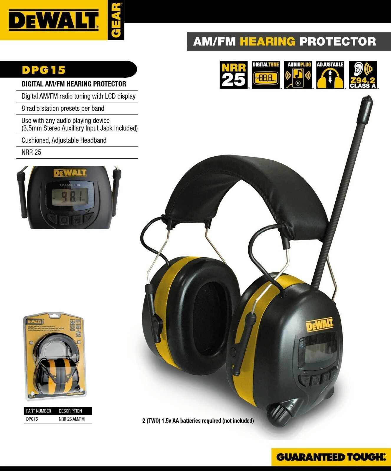 DeWalt DPG15 AM/FM Radio Digital Tune W/Aux Connection Hearing Ear Muffs NRR 25