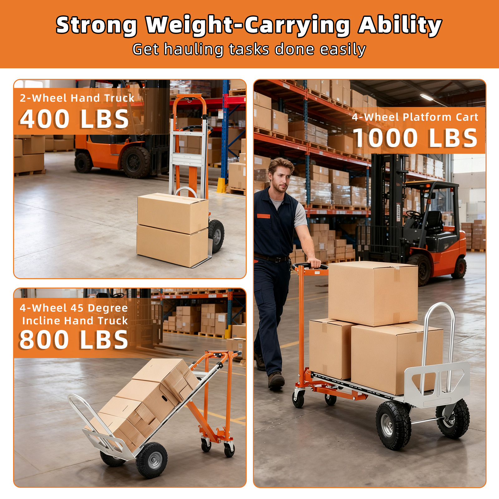 Aluminum Convertible Hand Truck 4-in-1000 Lbs Capacity Heavy Duty Dolly Cart