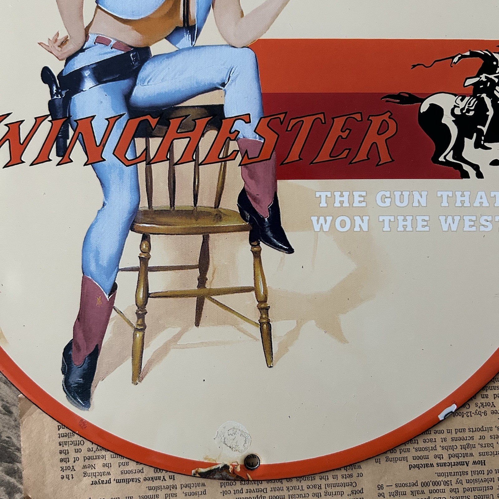 VINTAGE WINCHESTER FIREARMS HUNTING AMMO 12 INCH PORCELAIN ENAMEL SIGN