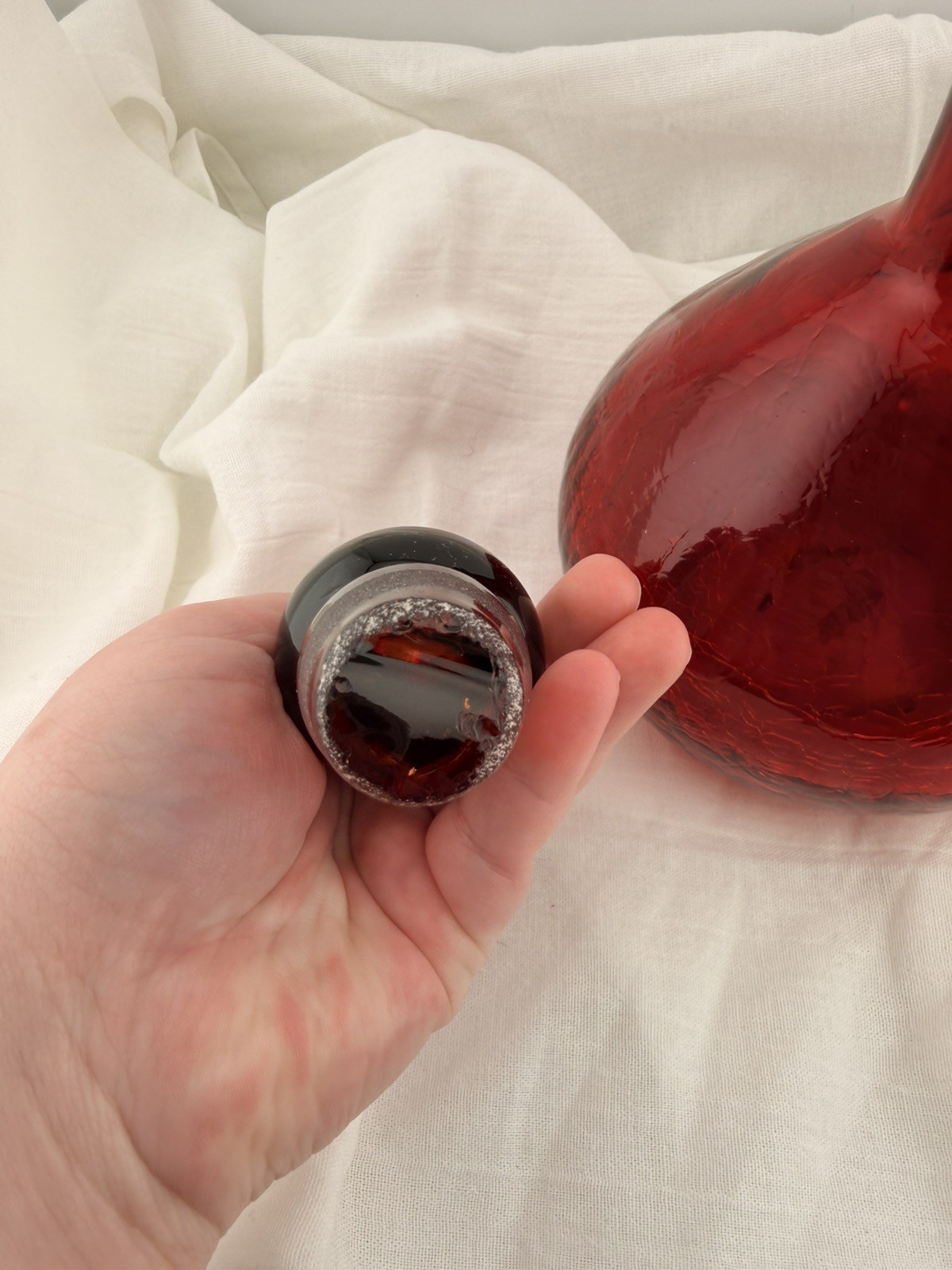 Vintage Blenko Red Glass Decanter Hand Blown Mid Century Modern Art Glass Ruby