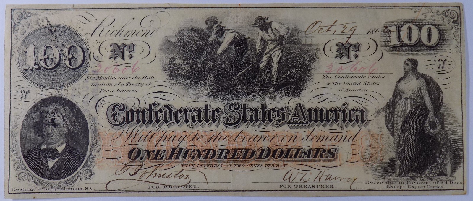 1862 $100 Confederate States of America Slaves T-41 VF