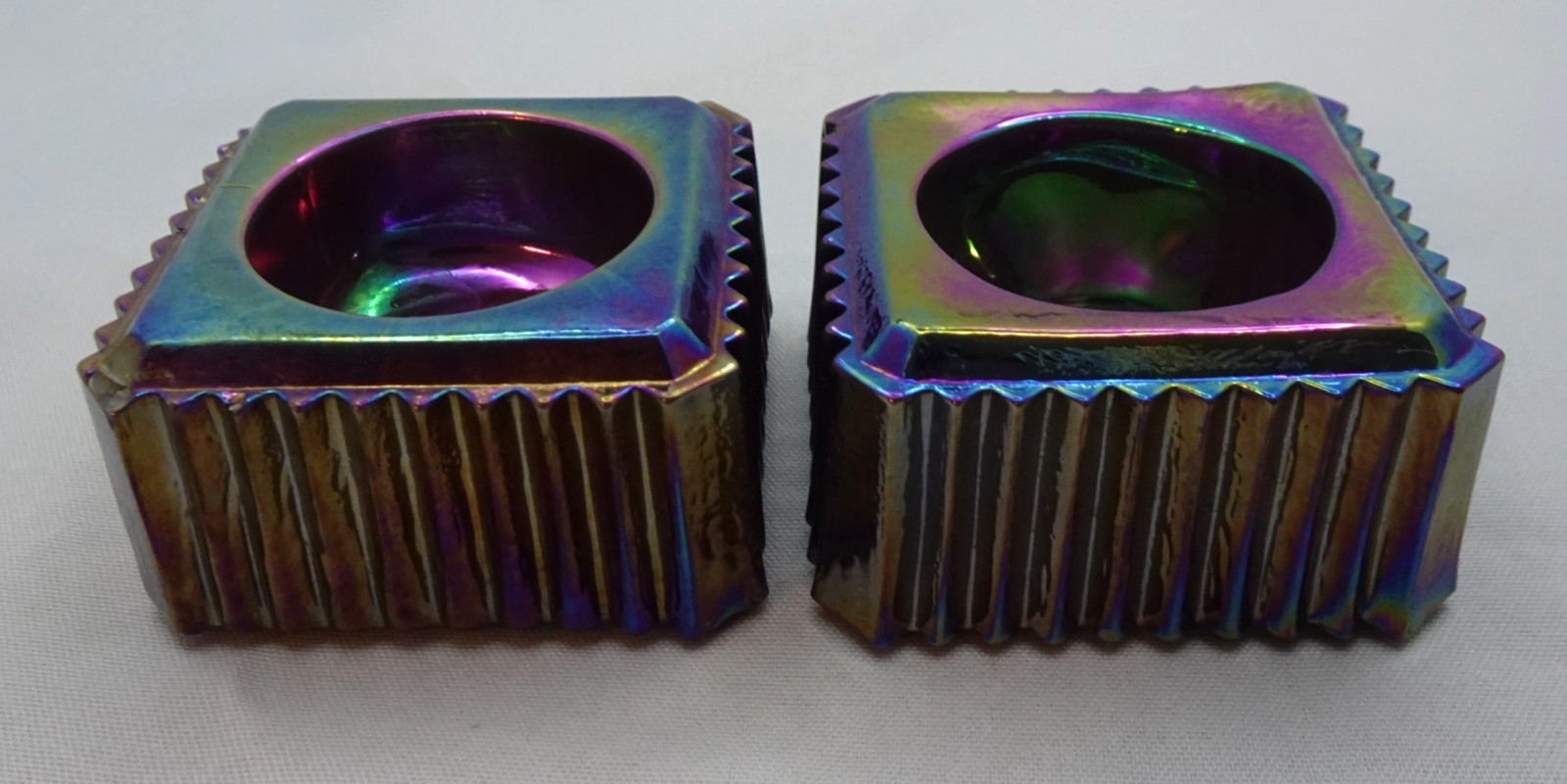 (2) E.E. Ed Bowman Wetzel Glass Fluted Square Open Salt Dip Purple Iridescent