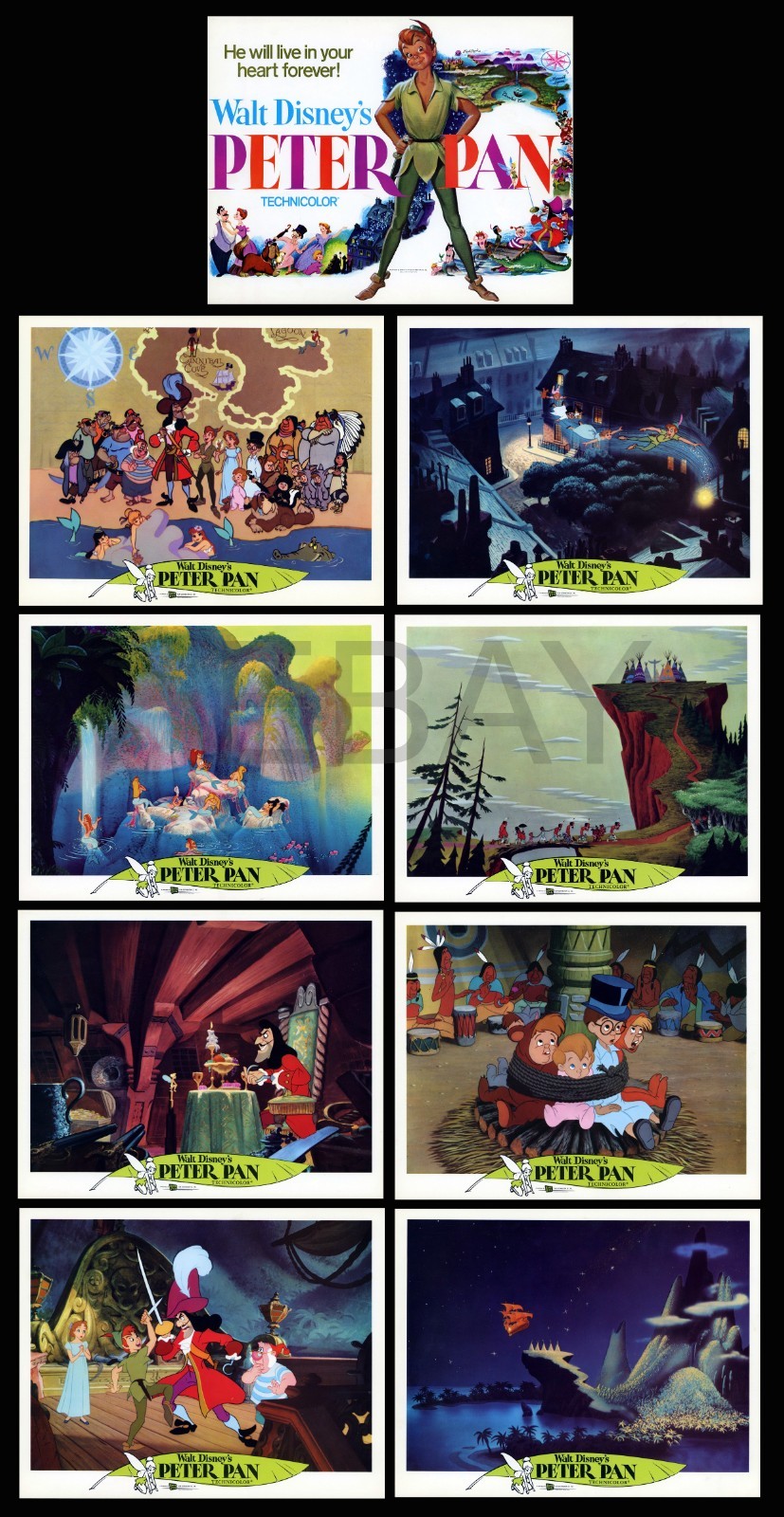 Disney PETER PAN (R1976) - Vintage 11x14 lobby card set 9 + orig envelope NICE!