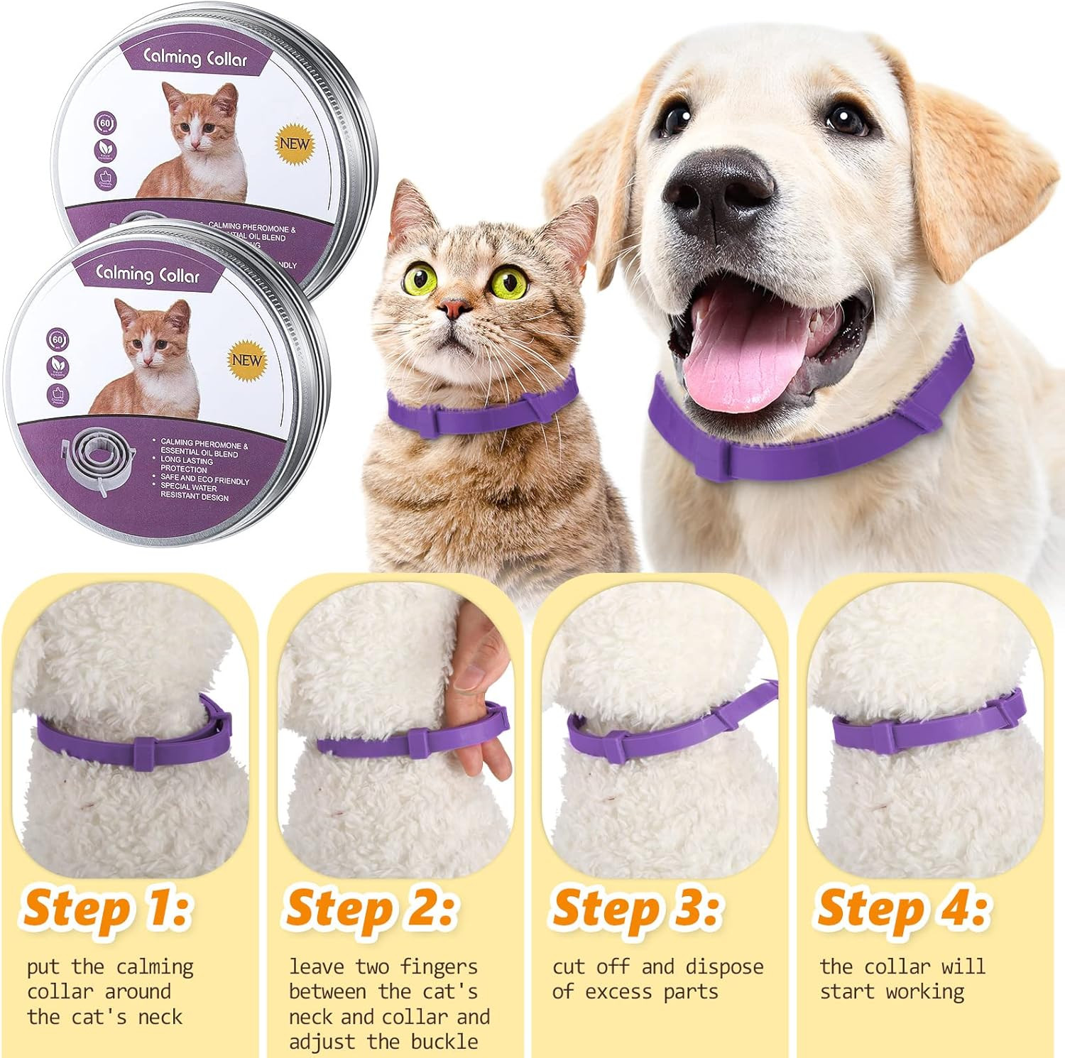 3 Pcs Cat Adjustable Calming Collar, Reduce Anxiety Cat Collars for Pets, Calm C
