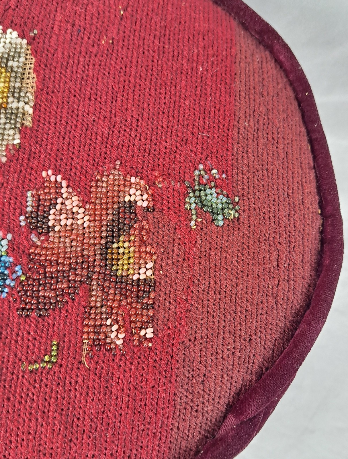 Antique Victorian Footstool Beaded Floral Needlework Tapestry Upholstery Ottoman