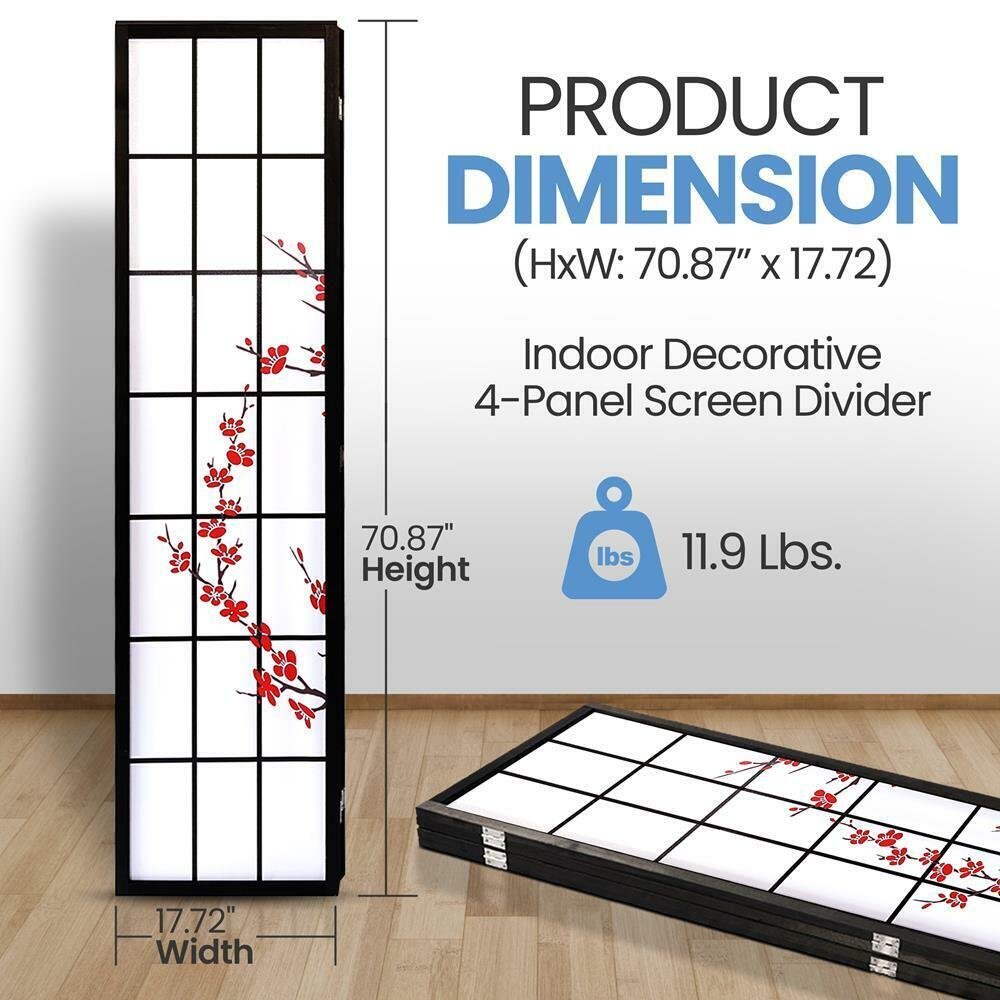 SereneLife Indoor Decorative 4Panel Screen Freestanding Japanese-Inspire Divider