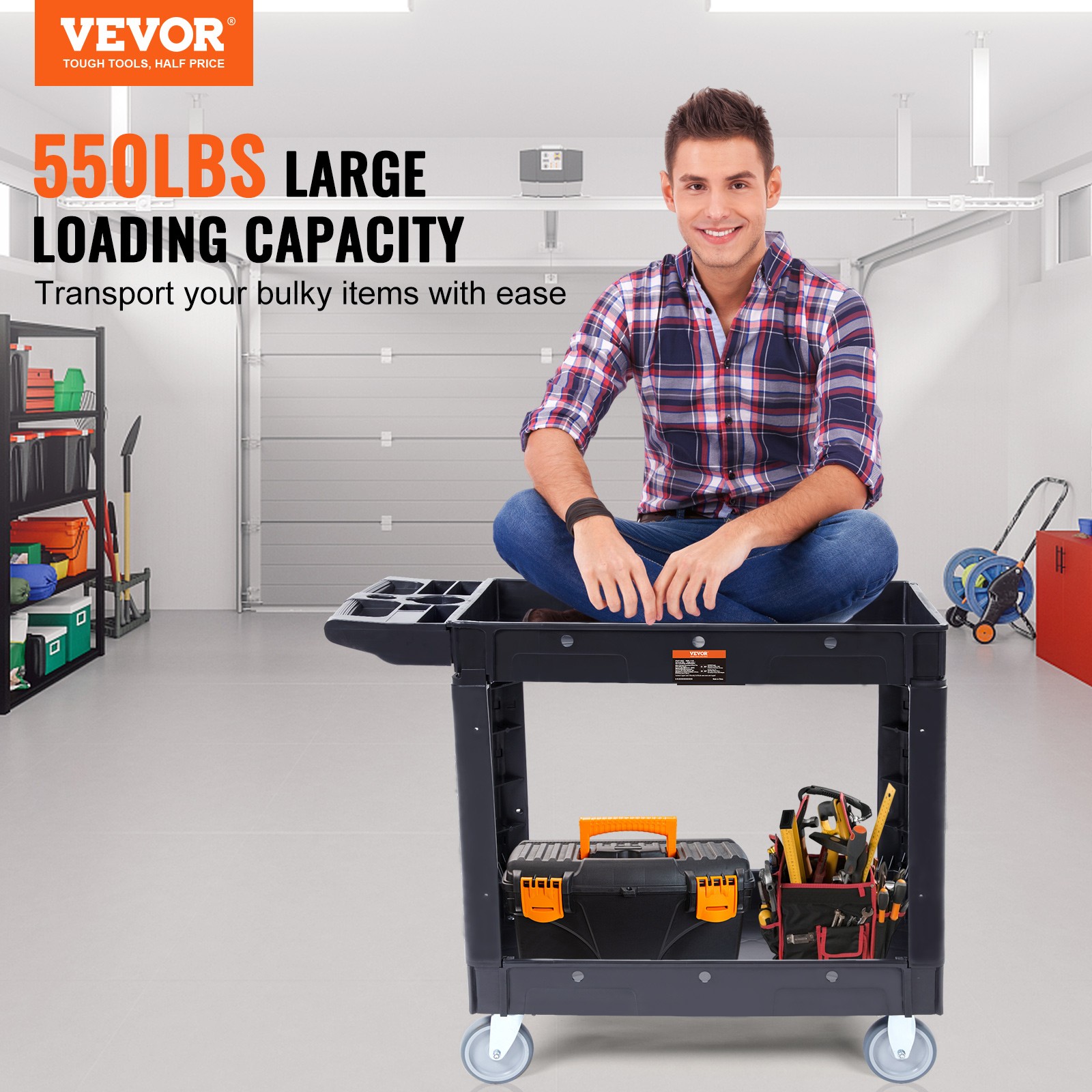 VEVOR Utility Service Cart Rolling Cart 2 Shelf 550LBS with 360° Swivel Wheels