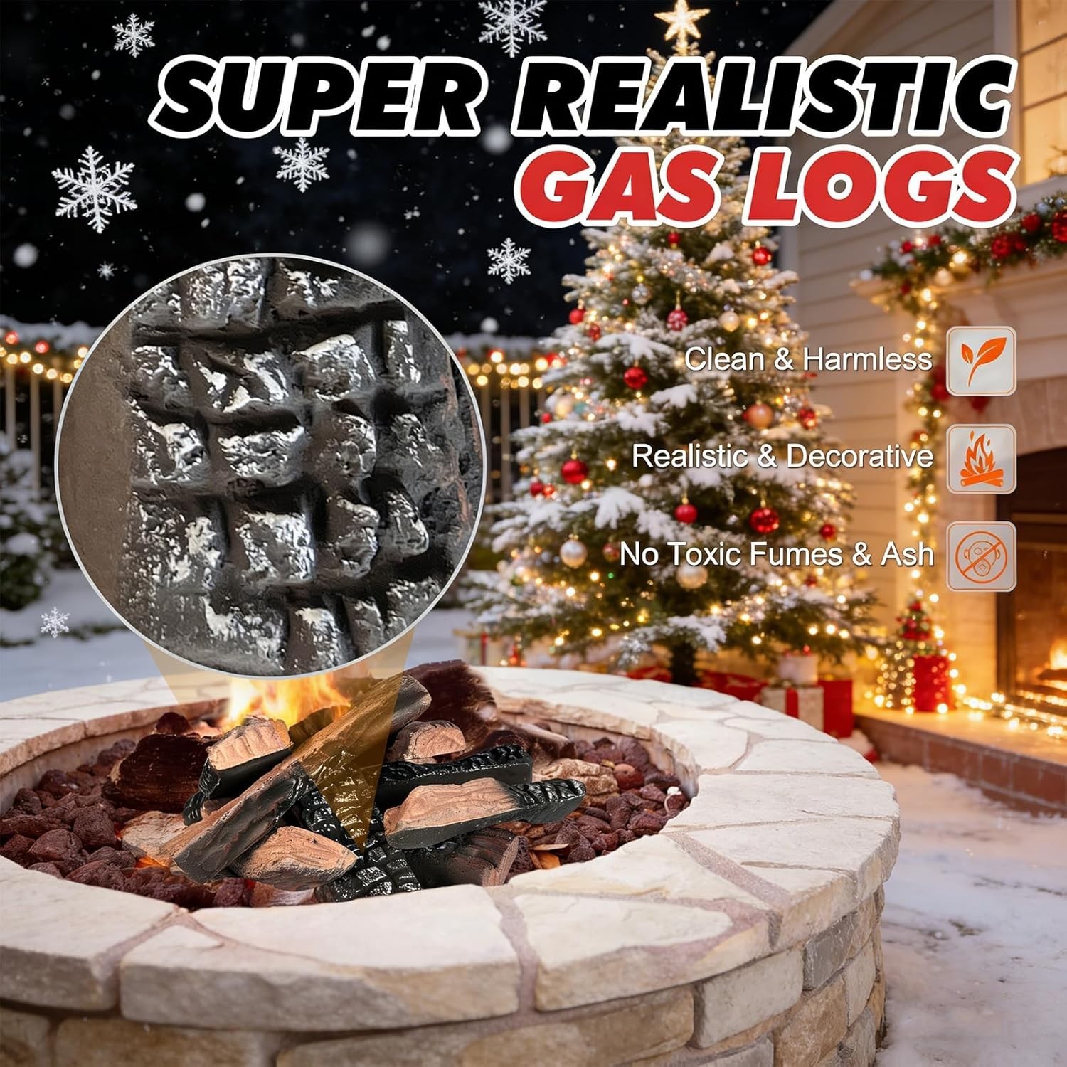 Large Ceramic Gas Logs, 10 Piece Set of Decoration Ceramic Wood Logs for All Typ
