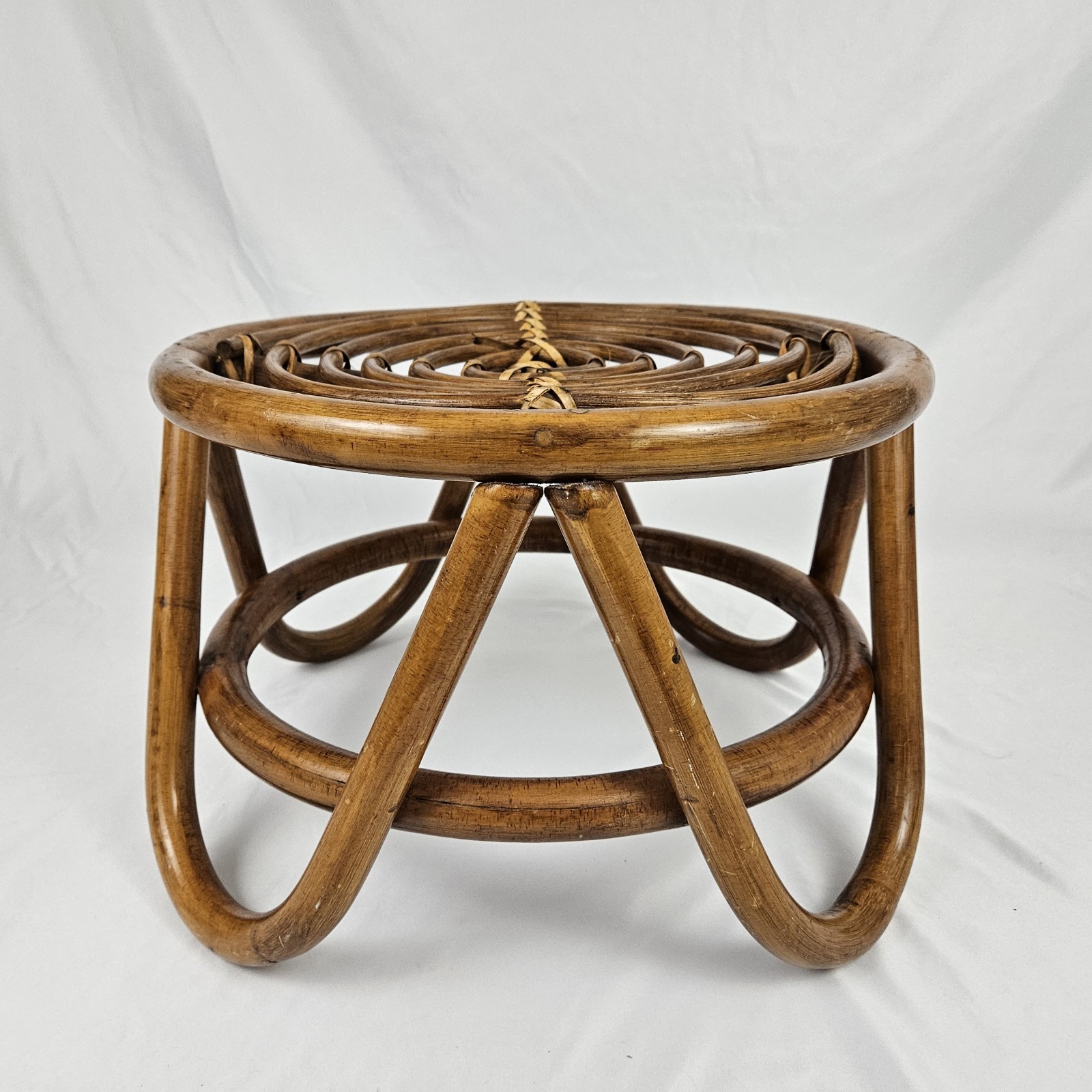 Vintage Rattan Footstool Ottoman Plant Stand Bent Bamboo Boho Mid-Century Modern