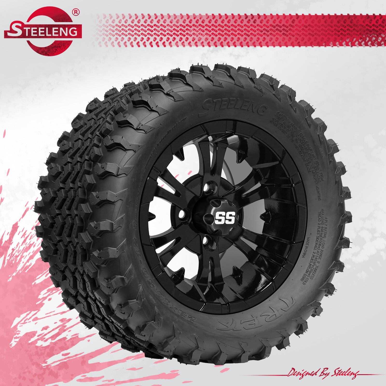 GOLF CART 12" Black VAMPIRE WHEELS / RIMS and 23" FALCON A/T TIRES (SET OF 4)