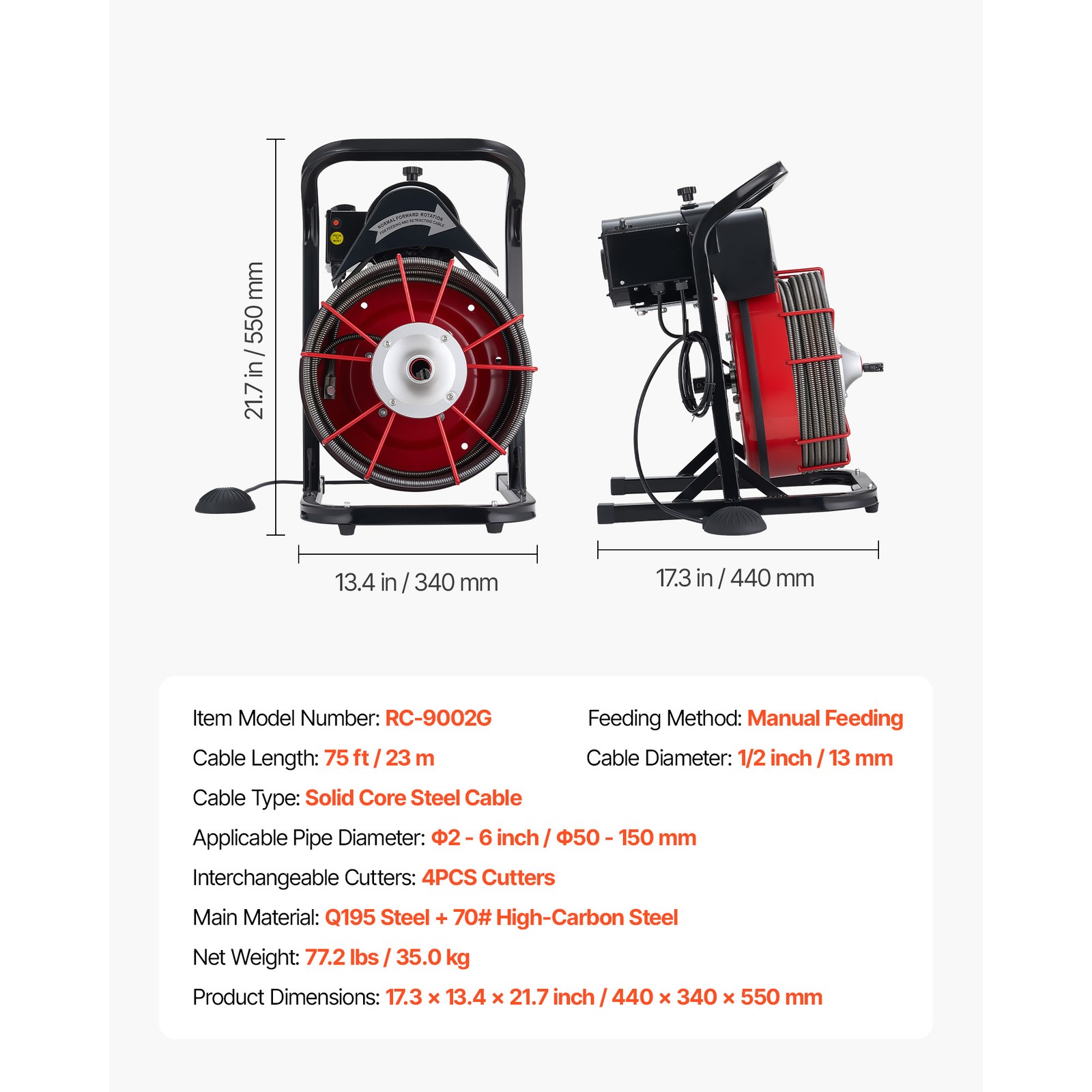Uimoso Drain Cleaning Machine with 75FT x 1/2 In Cable and 4 Cutter Attachments