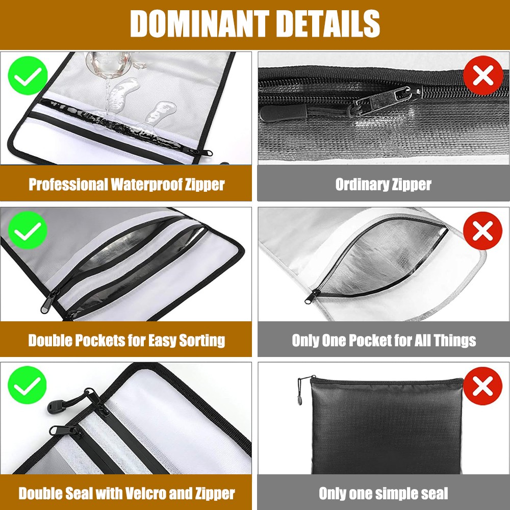 Fireproof Document Bag Waterproof File Cash Money Pouch Safe Storage with Zipper