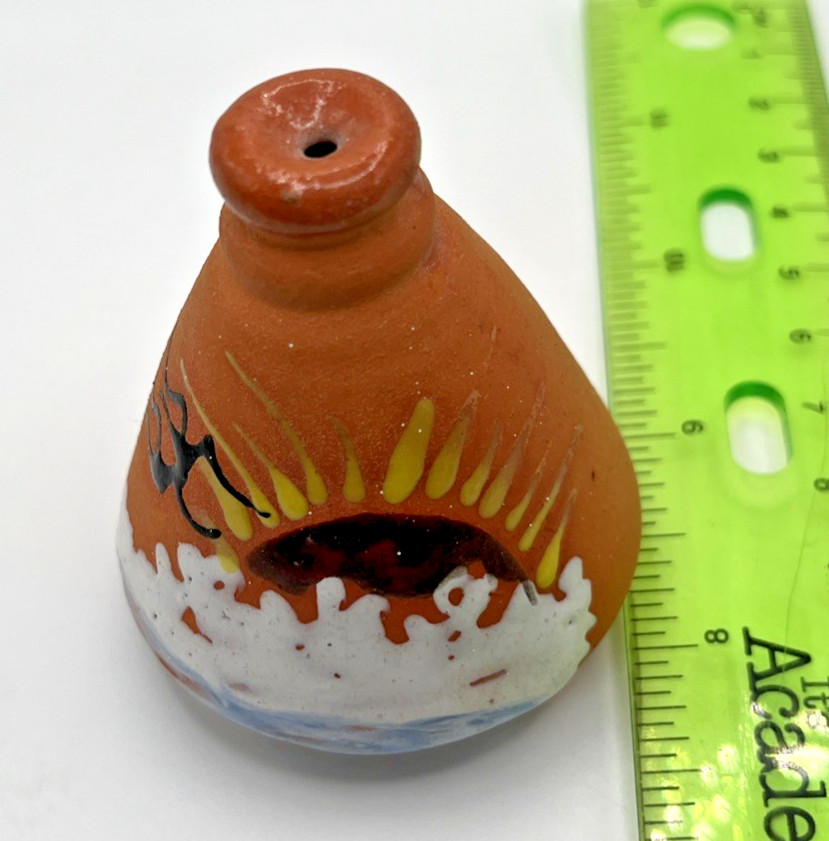 Vtg Miniature Pottery Jar Hand Painted Sun & Waves- Signed