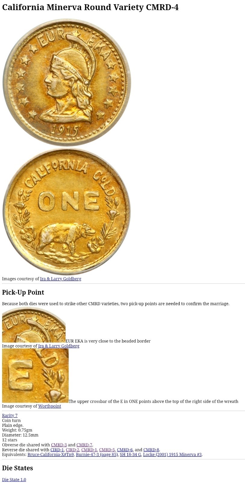 1915 California Fractional Gold Hart's Coins Of The West Minerva One CMRD-4 Rare