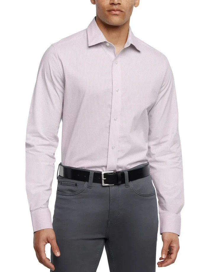 Banana Republic Men's Slim Fit Stretch Poplin Shirt, Pink Striped, Size L