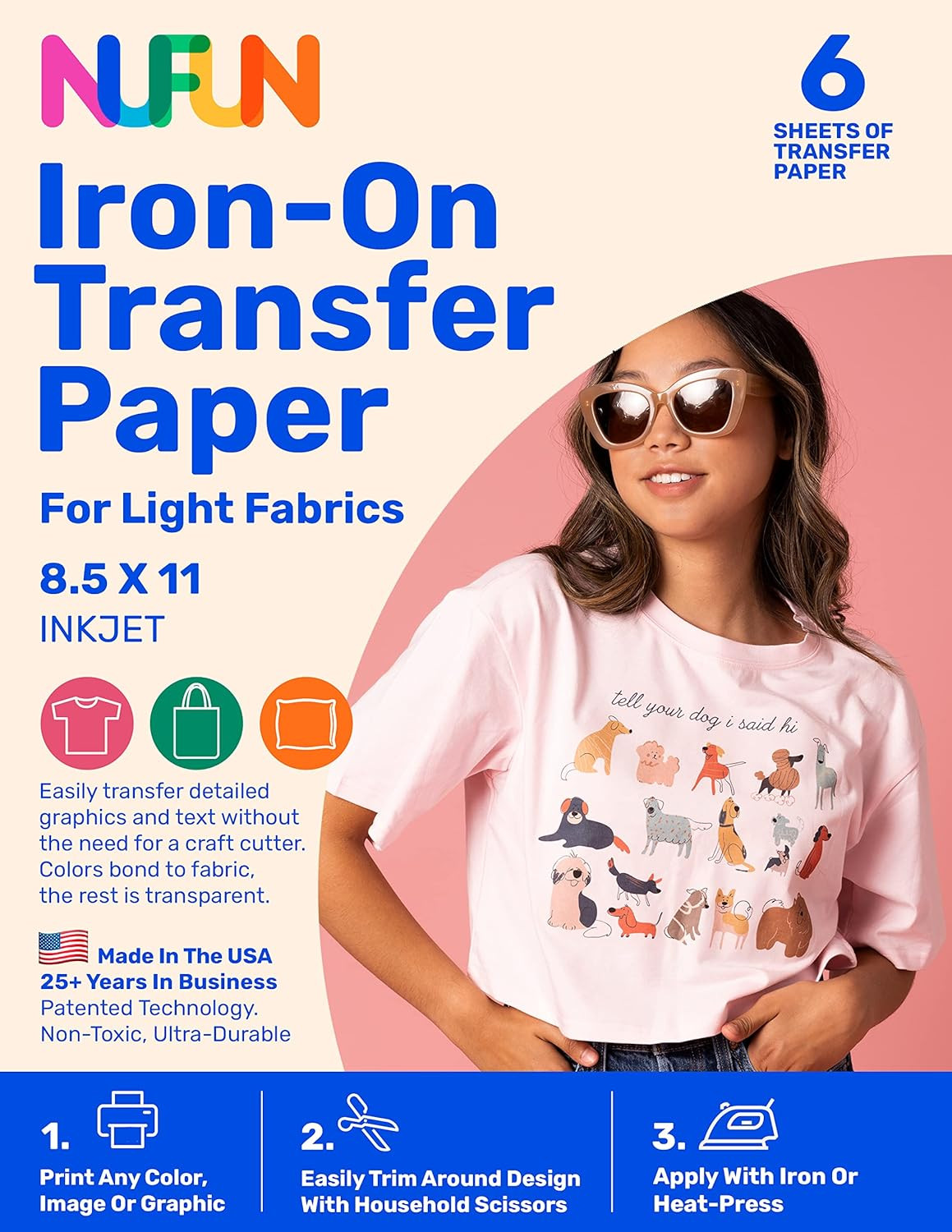 NuFun Activities Printable Iron-on Heat Transfer Paper for T Shirts, Light Fabri