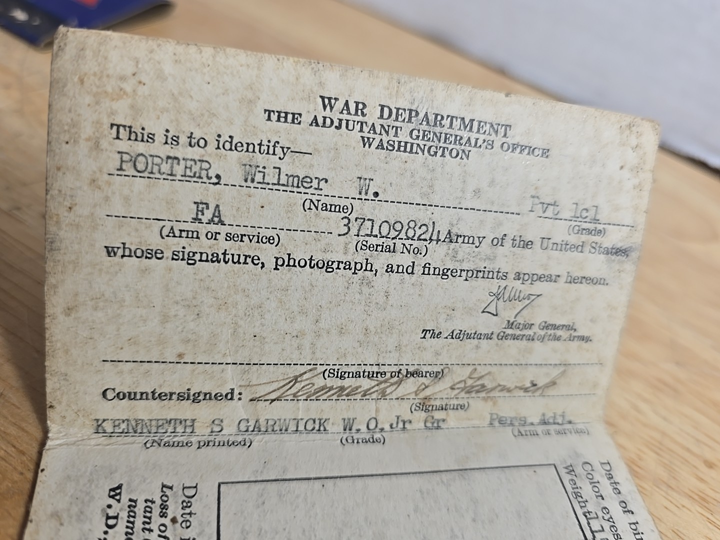 1943 WW2 War DEPARTMENT Identification Card US Army Rare