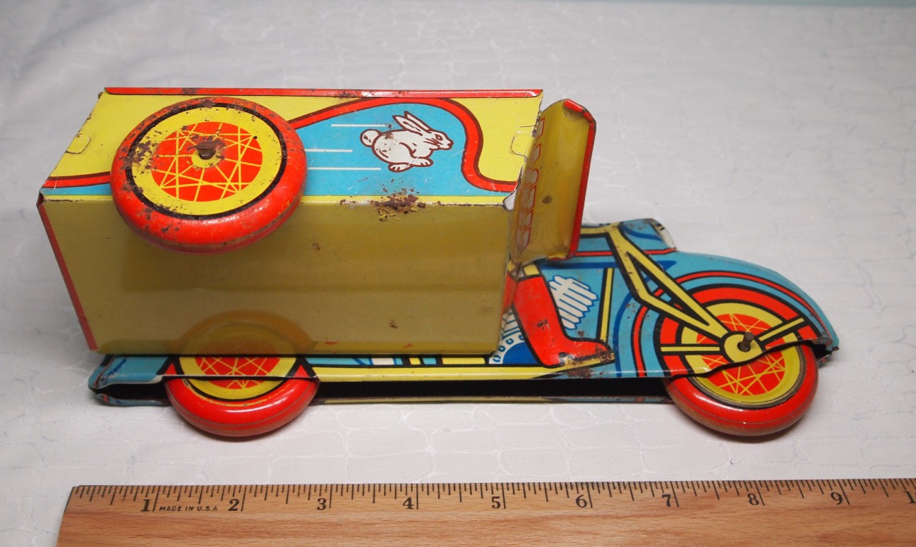 Vtg Tin Easter Car Bunny Delivery Motorcycle & sidecar rolled steel litho