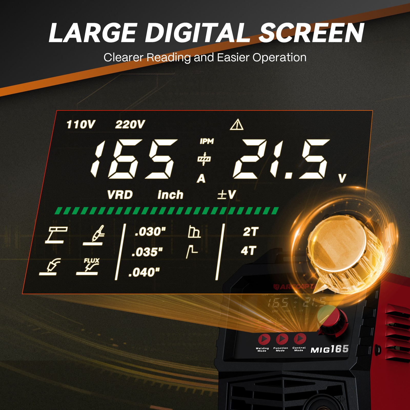 ARCCAPTAIN 165A MIG Welder Large LED Display 4 in 1 Gasless/Gas MIG/Lift TIG