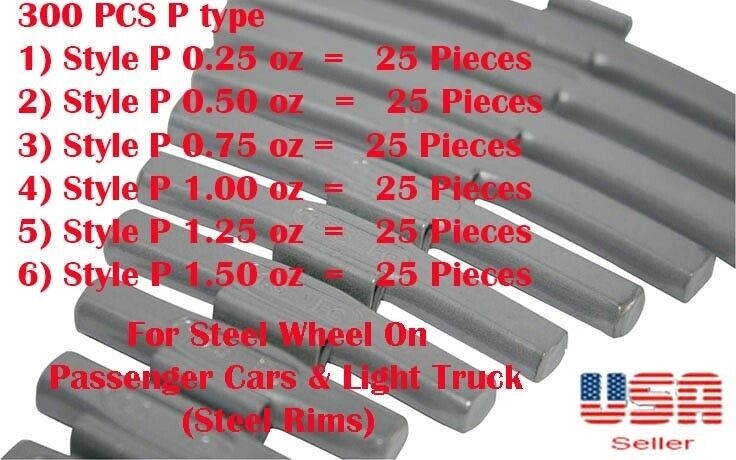 ASSORTMENT 300 Pcs CLIP-ON WHEEL WEIGHT BALANCE P 0.25 0.50 0.75 1.0 1.25 1.50z