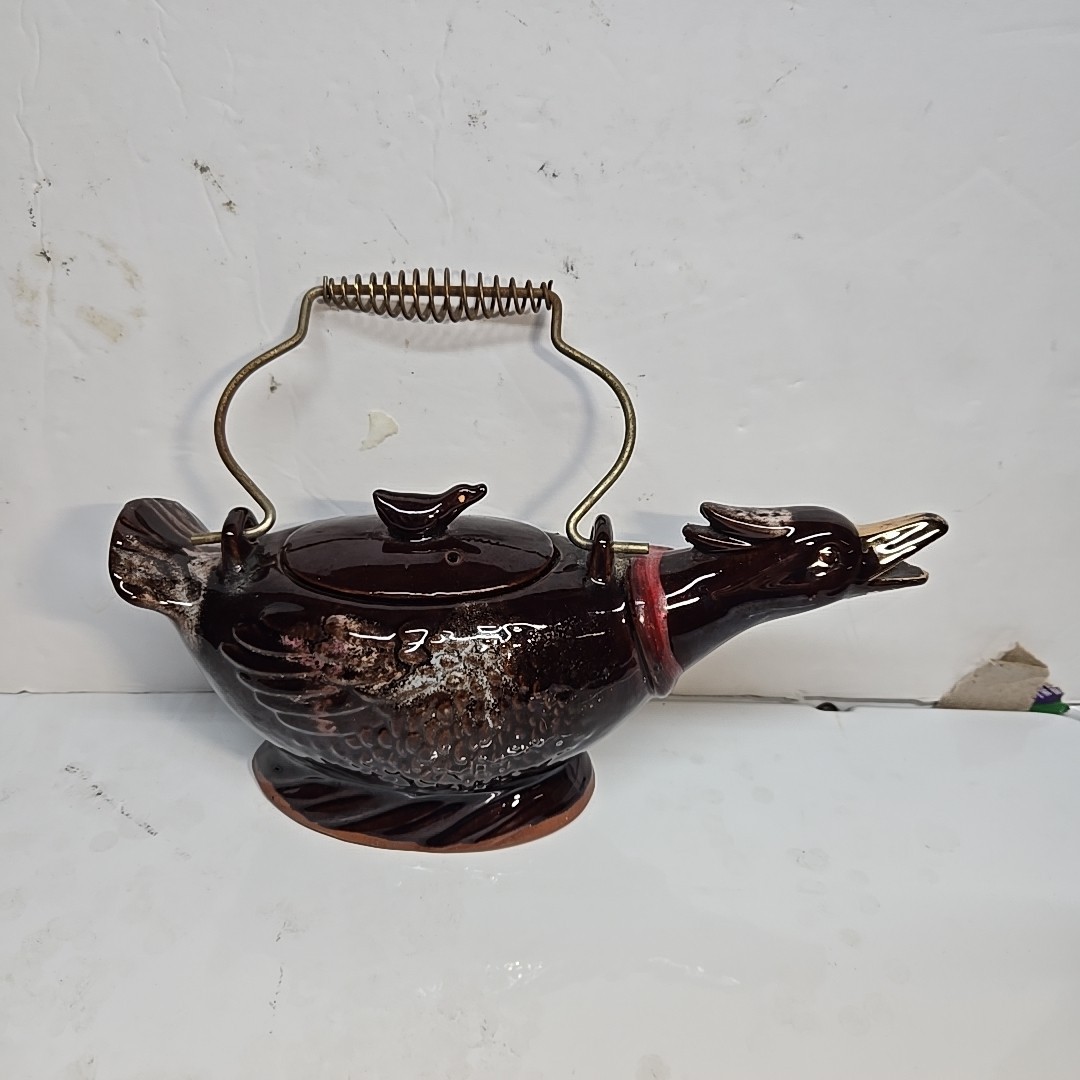 Vintage 1950's Redware Bird Shaped Teapot with Metal Spirl Handle 10in Long