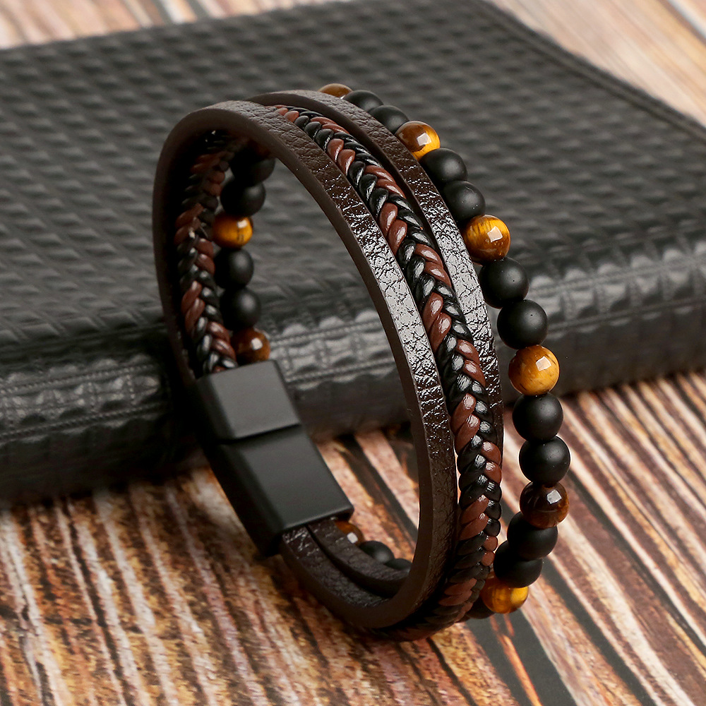 Men's Layered Braided Leather Beaded Bracelet With Tiger Eye, Natural Stone