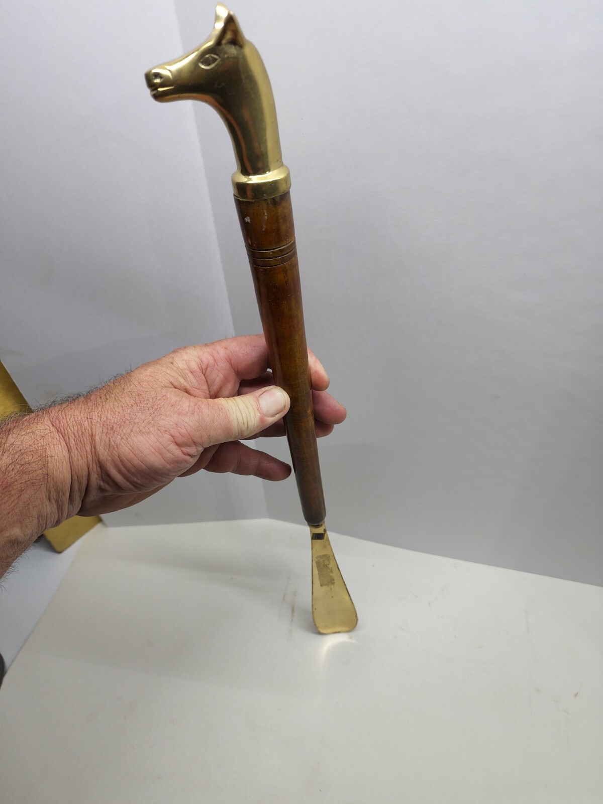 20" Shoe Horn Horse Head Handle Golden in Brass & Wood Shaft