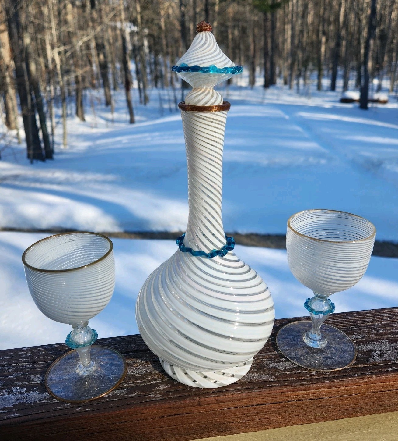 Italian Salviati Vetro a Fili Swirl Blue Rigaree Genie Bottle Decanter 2 Goblets