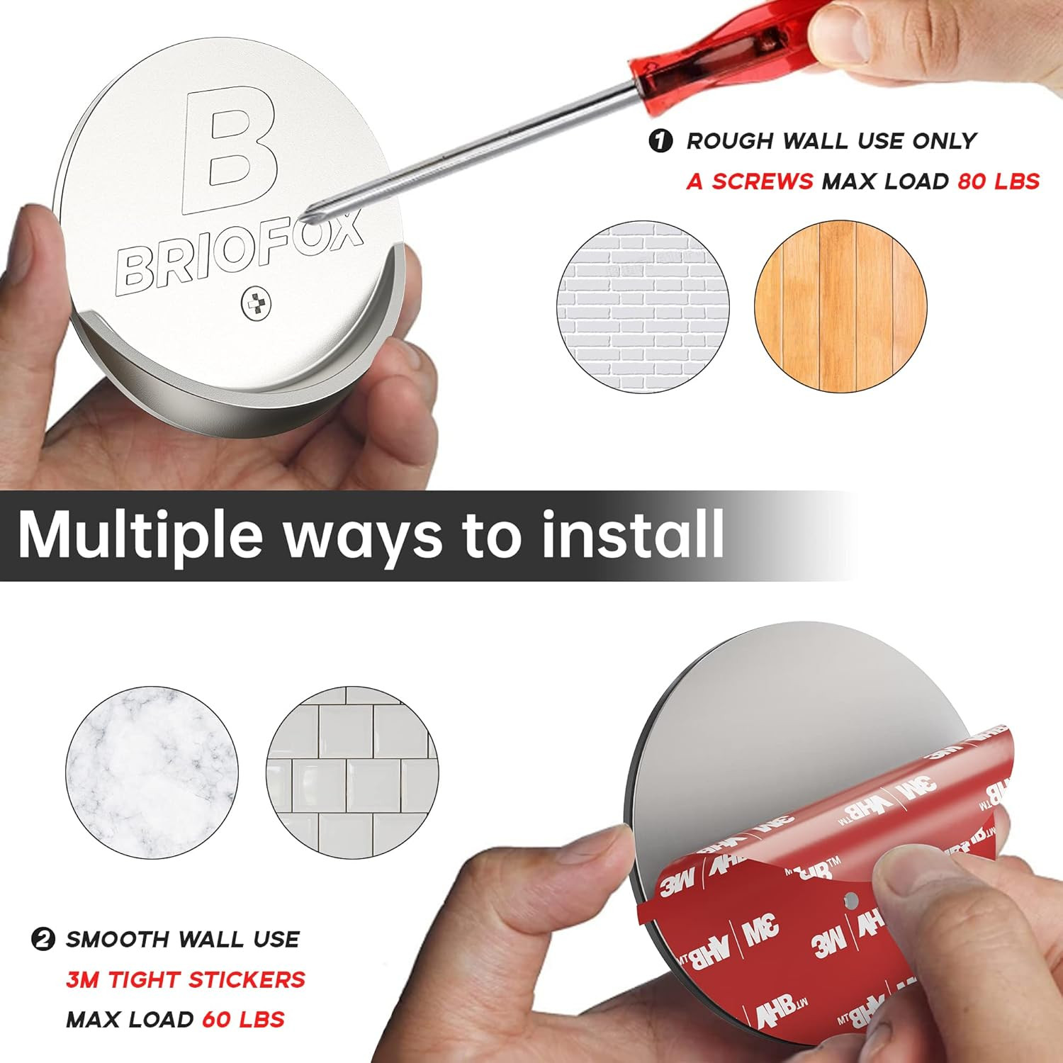 2 Pack Shower Curtain Rod Holder 3M Adhesive Waterproof 60 lbs, Nickel