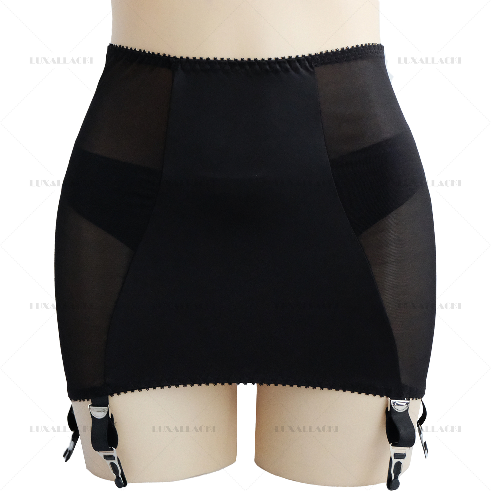 Luxallacki Back Hollow Sheer Garter Belt 6 Straps Suspender Metal Clips Girdle