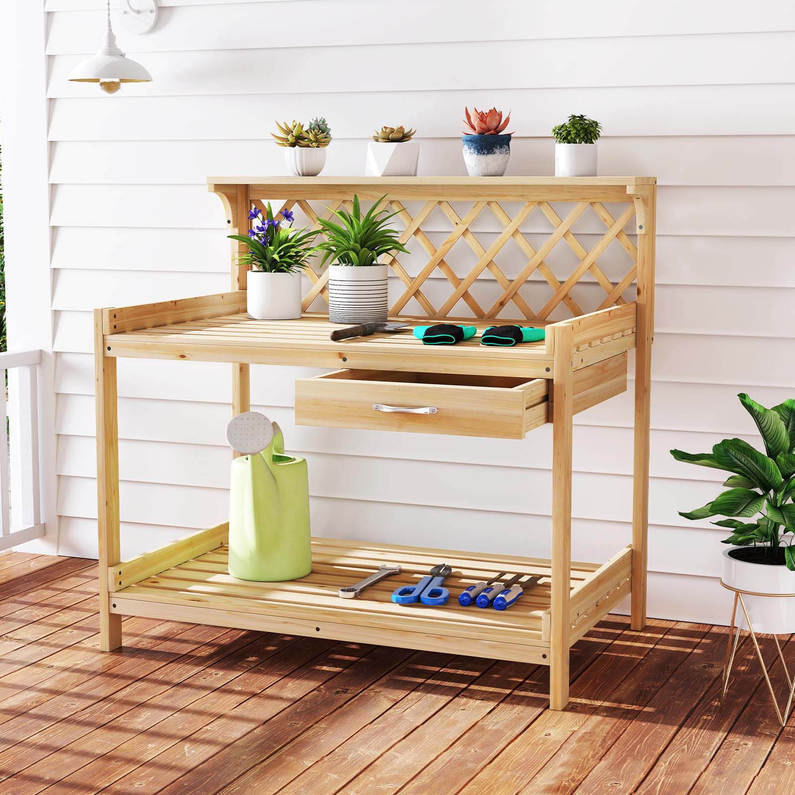 Garden Potting Bench Table w/Lattice Trellis Removable Drawer Top & Lower Shelf