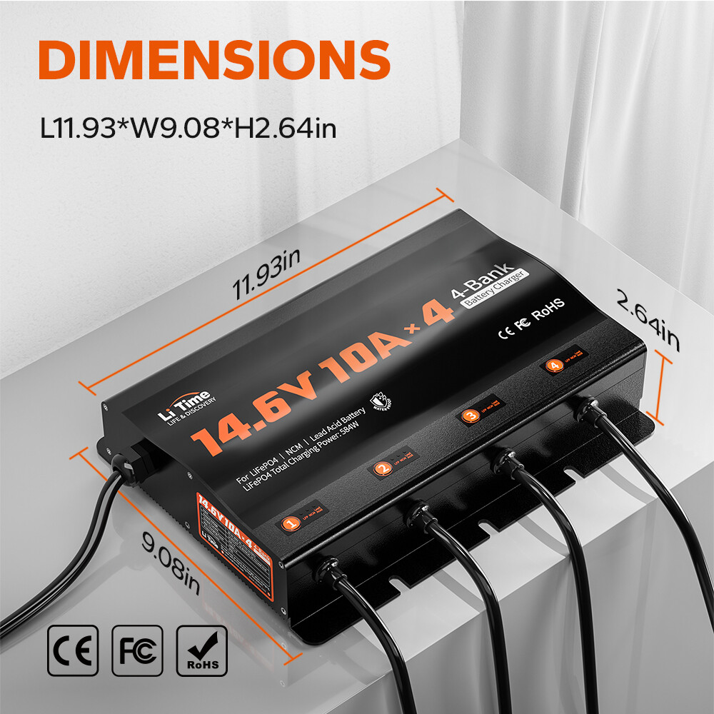 LiTime 14.6V 10A* 4 Bank Smart Battery Charger for Lithium LiFePO4 Lead Acid NCM