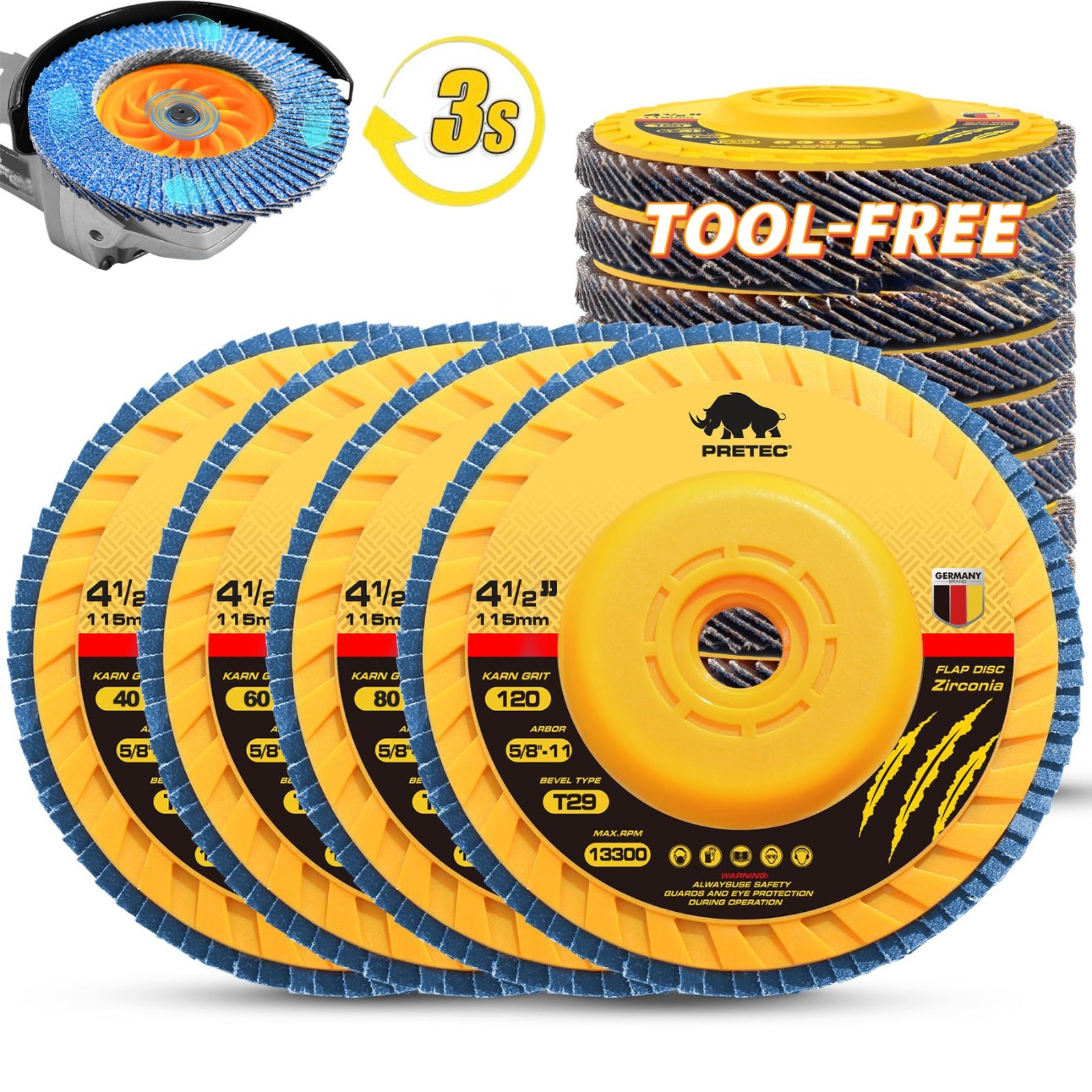 4-1/2" Zirconia Sanding Flap Discs 40 60 80 120 Grit Tool-Free for Angle Grinder