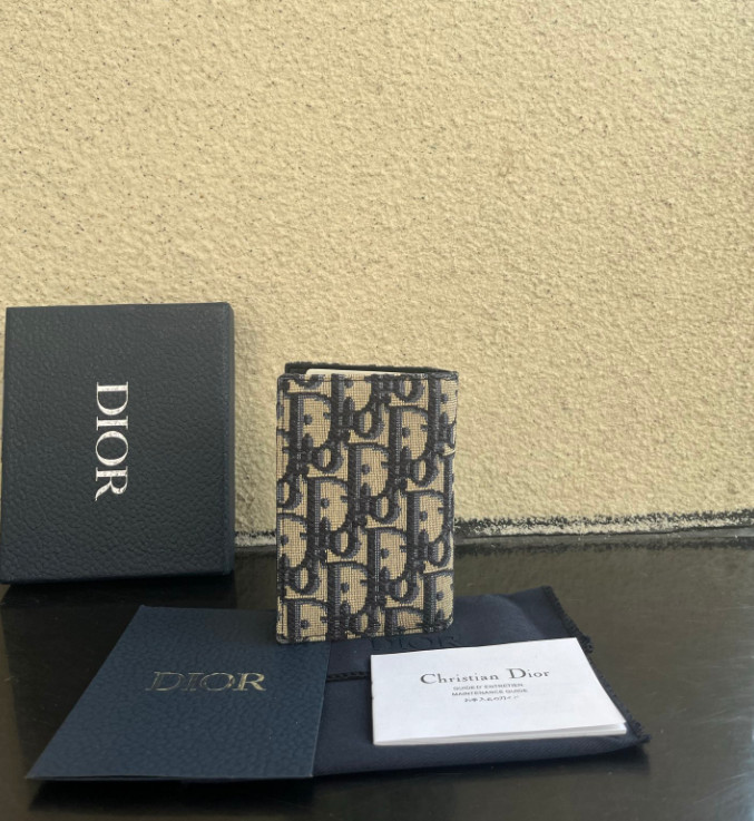 DO Oblique Passport Holder Canvas Leather Beige Black Travel Wallet