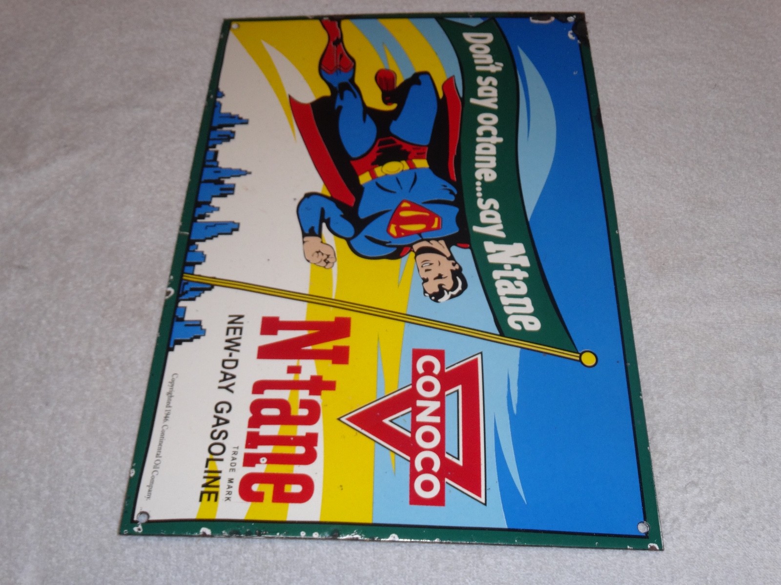 VINTAGE 1946 CONOCO N-TANE SUPERMAN GASOLINE 16" PORCELAIN METAL COMIC BOOK SIGN