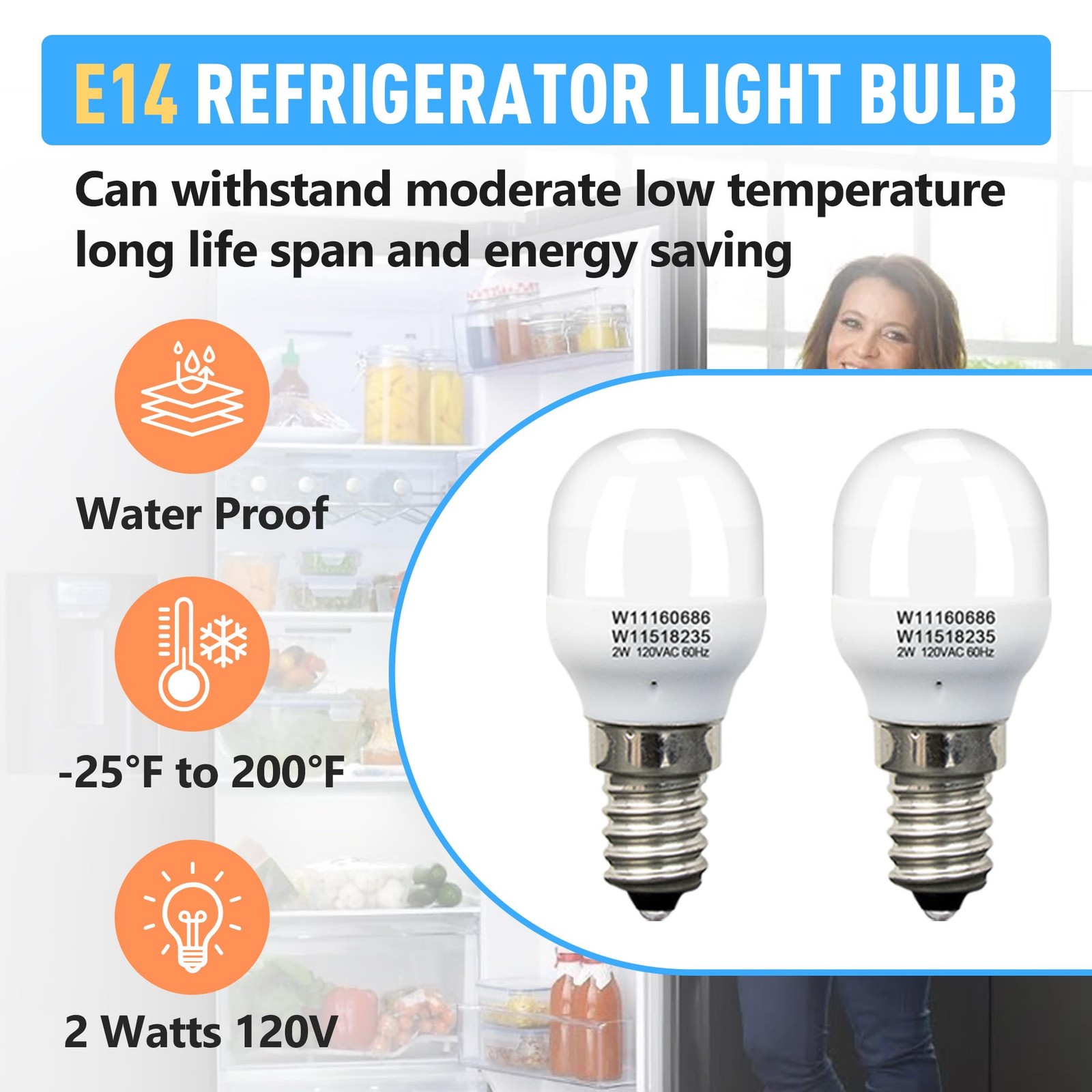 2Pcs W11518235 W11160686 Freezer Light Bulb Replacement for Whirlpool 2 Pack