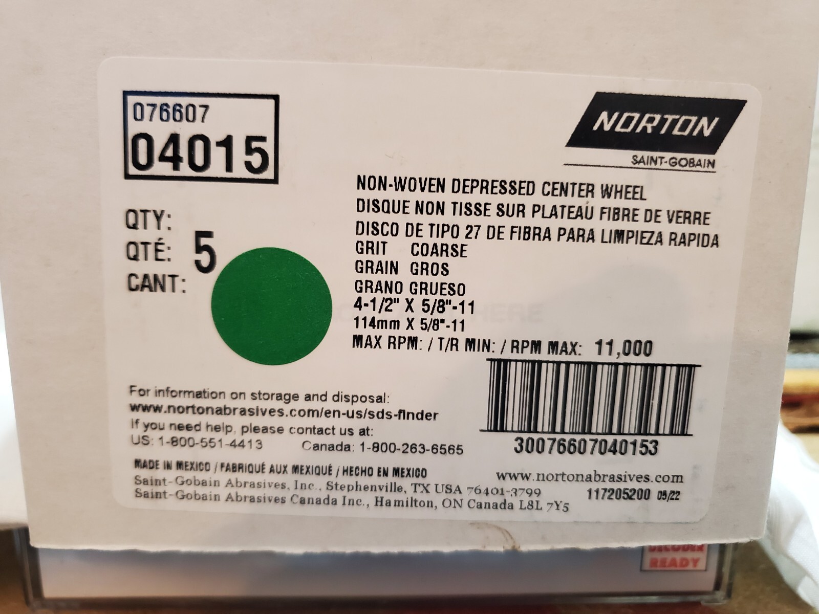 Norton 07660704015 5 pack Non-Woven Depressed Center wheel, 4-1/2" RAPID STRIP